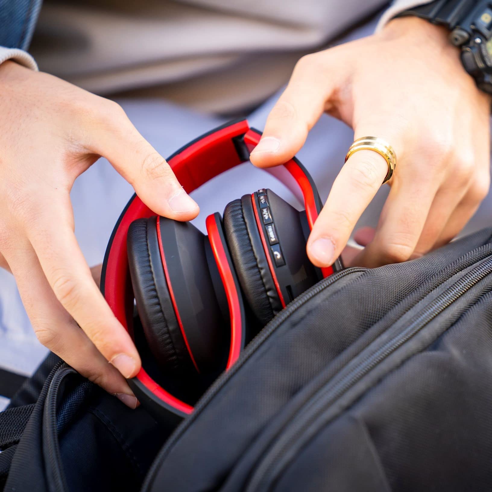 PowerLocus Wireless Bluetooth Over-Ear Headphones with Microphone - Foldable, Rechargeable Stereo Headset for iPhone, Samsung, LG, iPad - Perfect for Travel, Gaming & Music (Black/Red)