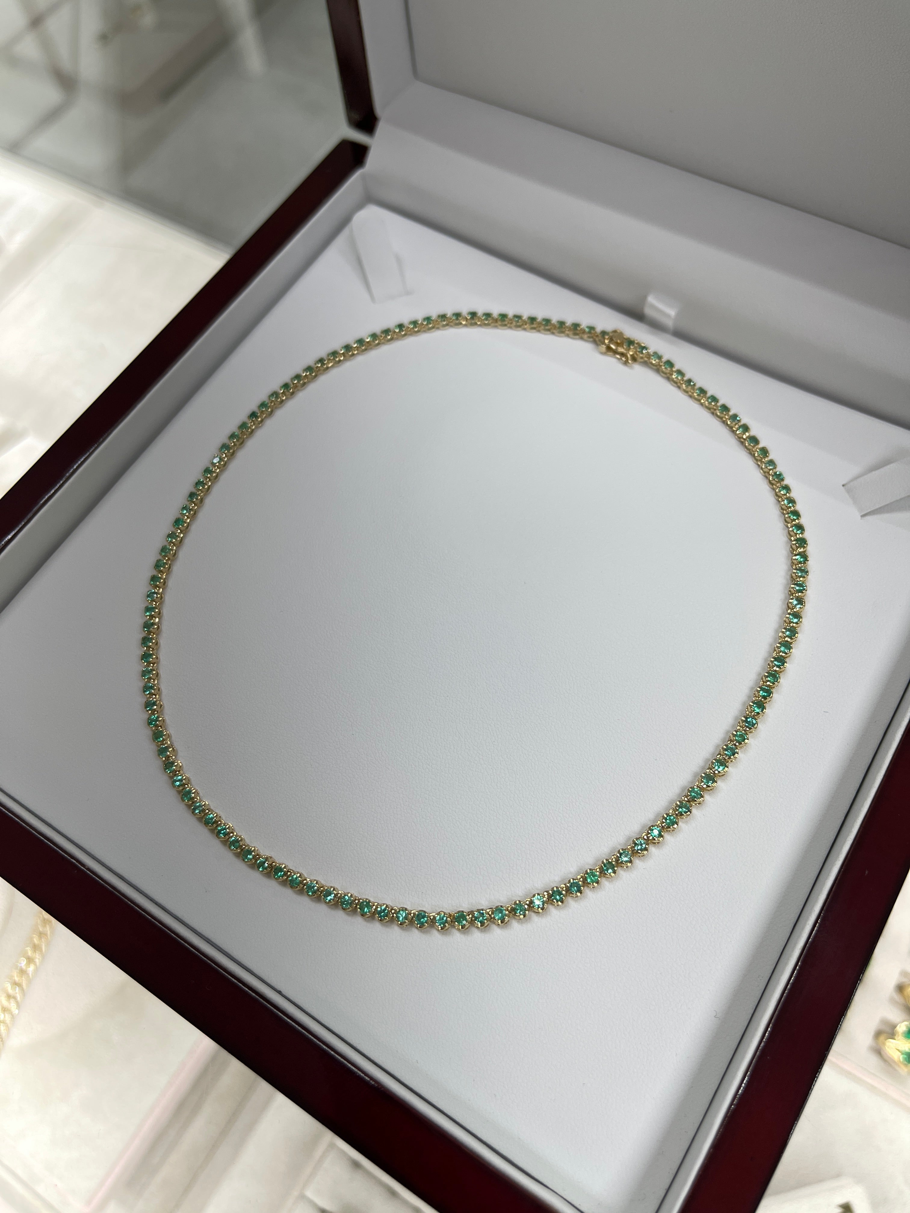 Trendy 14K Gold Green Emerald Round Prong Tennis Necklace - 16 Inch Elegant Jewelry for Women, Perfect for Weddings, Parties & Special Occasions