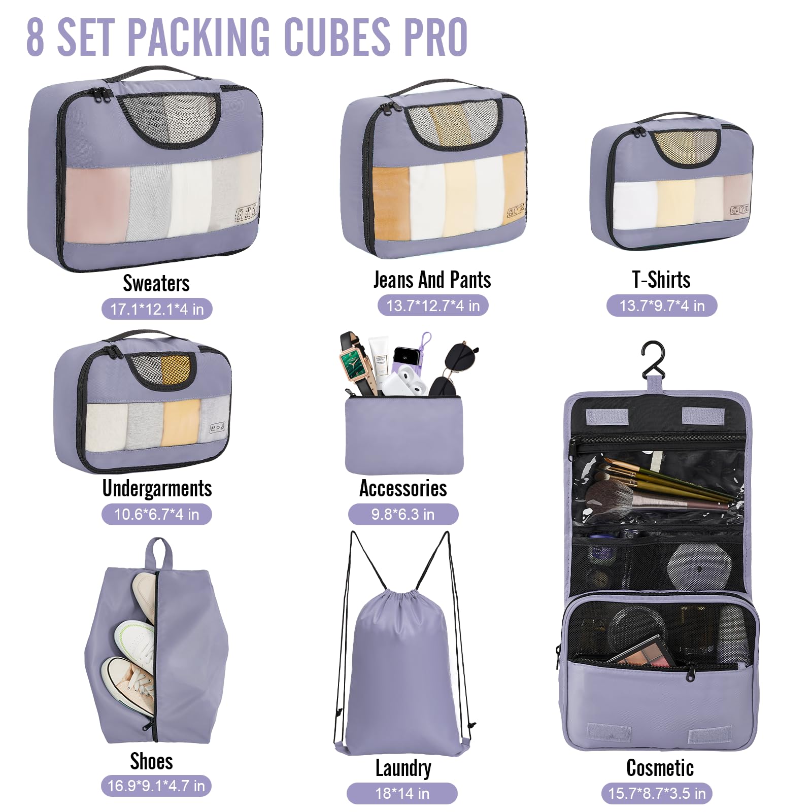 Veken 8-Piece Travel Packing Cubes Set - XL/L/M/S Suitcase Organizer Bags for Luggage & Road Trips | Perfect for Business Travel, Vacation & Weekend Getaways