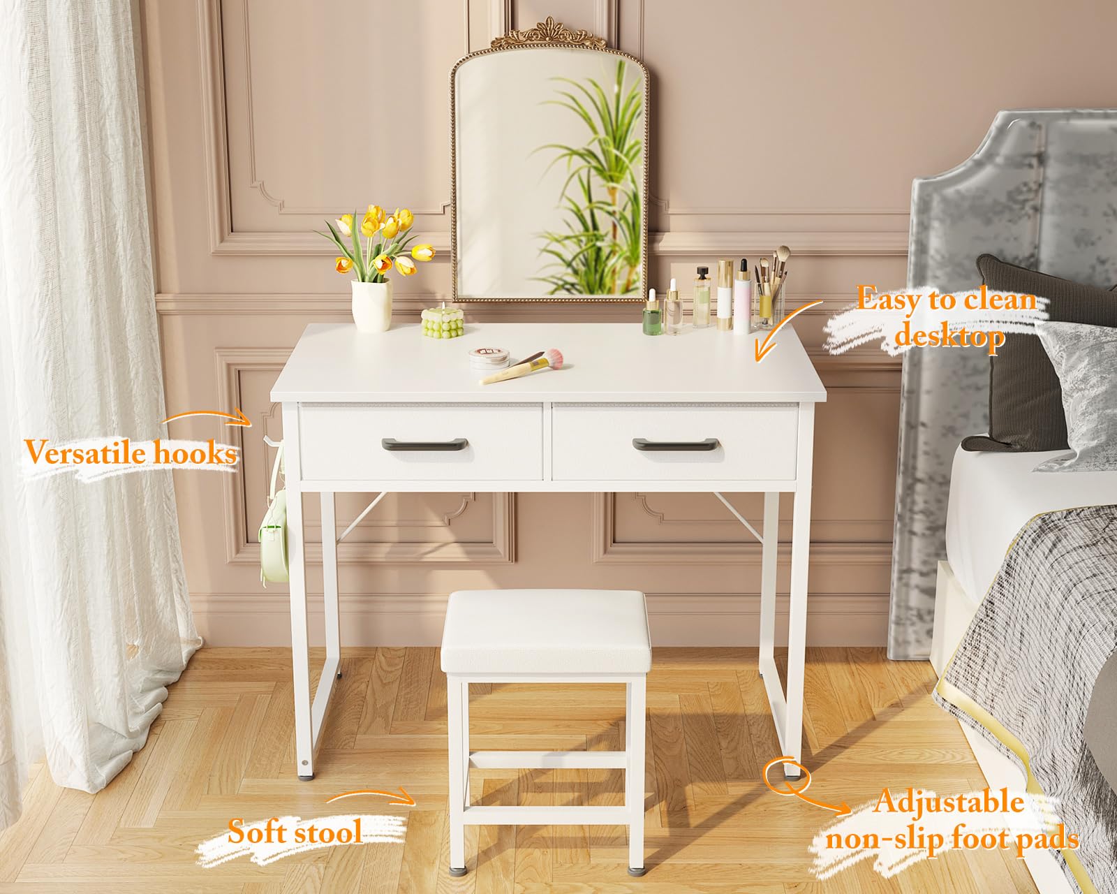 AODK 32 Inch Small Vanity Desk with Stool - No Mirror Makeup Table with 2 Fabric Drawers & Steel Hook, White Vanity Table for Girls Bedroom | Perfect for Makeup Organization, Small Space Dressing Area & Bedroom Decor