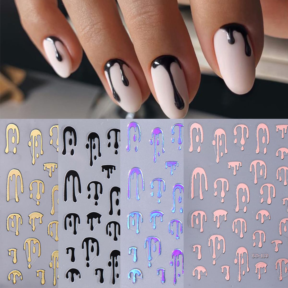 Halloween Nail Art Stickers - 4PCS Black, Gold, Rose Gold, Laser Silver Blood Drop Design 3D Self-Adhesive Nail Decals for Nail Art Decorations | Perfect for Halloween Parties, Costume Events & Spooky Nail Designs