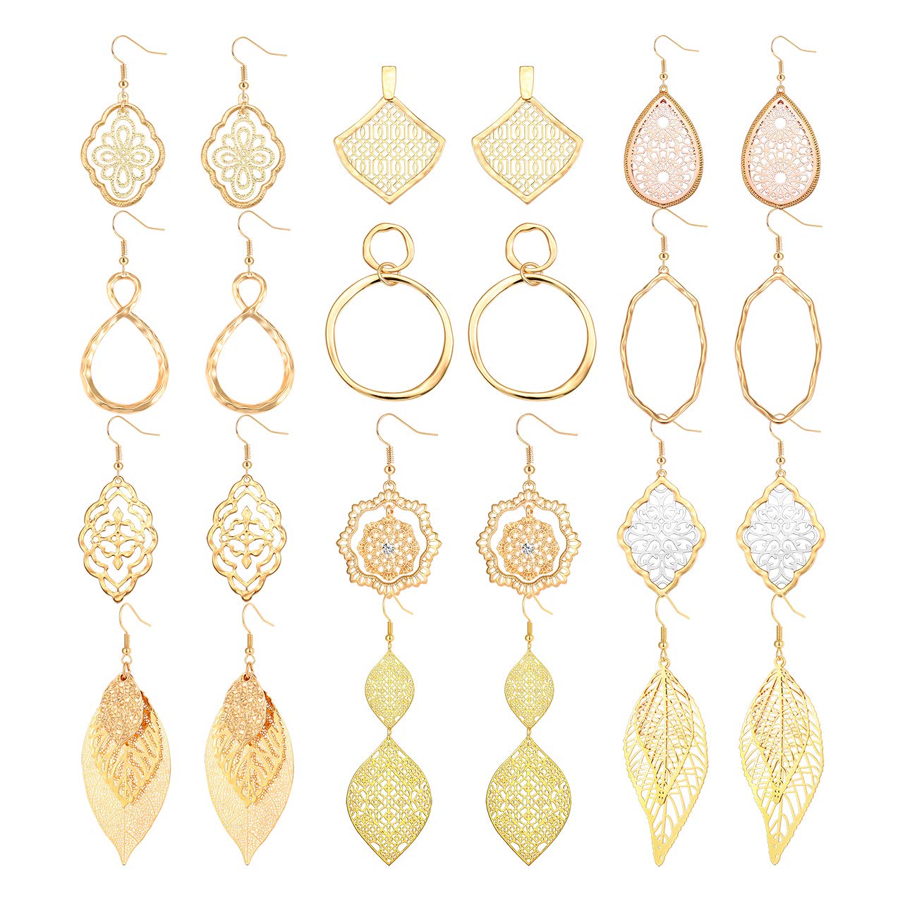 Gold Snake Dangle Earrings for Women - Rhinestone Love Heart & Filigree Leaf Sunflower Dangling Earrings Set | Elegant Jewelry for Parties, Weddings & Date Nights