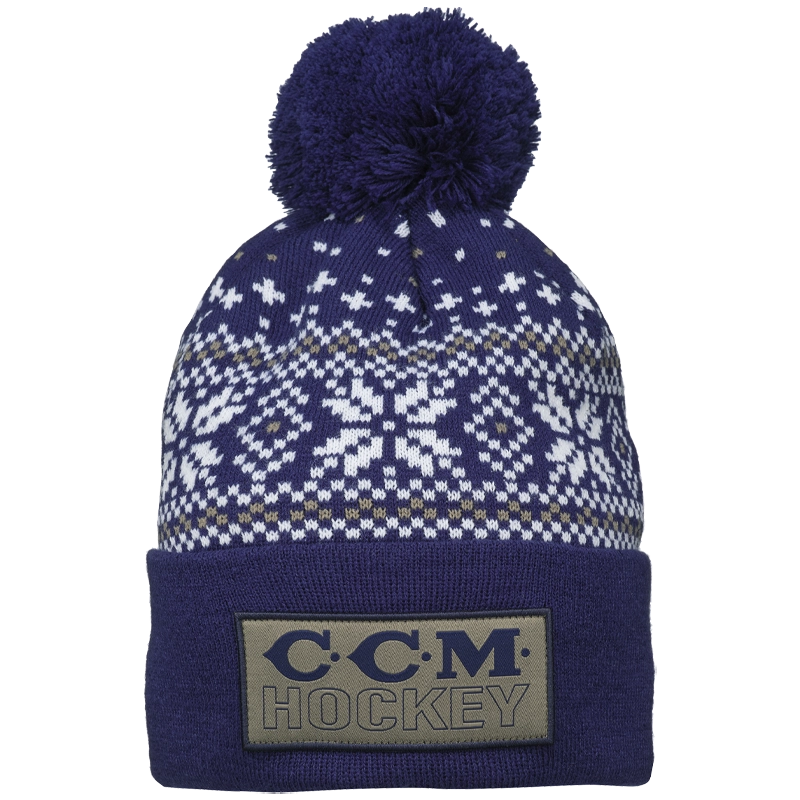 CCM Holiday Pom Knit Beanie - Blue & Grey Winter Hat for Men & Women - Perfect for Christmas, Skiing & Outdoor Activities