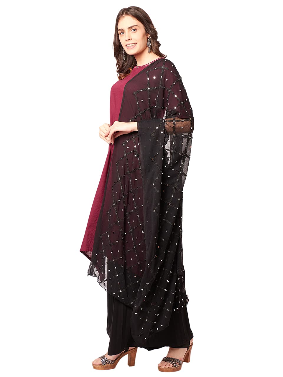 Elegant Black Embroidered Chiffon Dupatta with Mirror Work for Women | Perfect for Weddings, Parties & Festive Occasions | DUPATTA BAZAAR