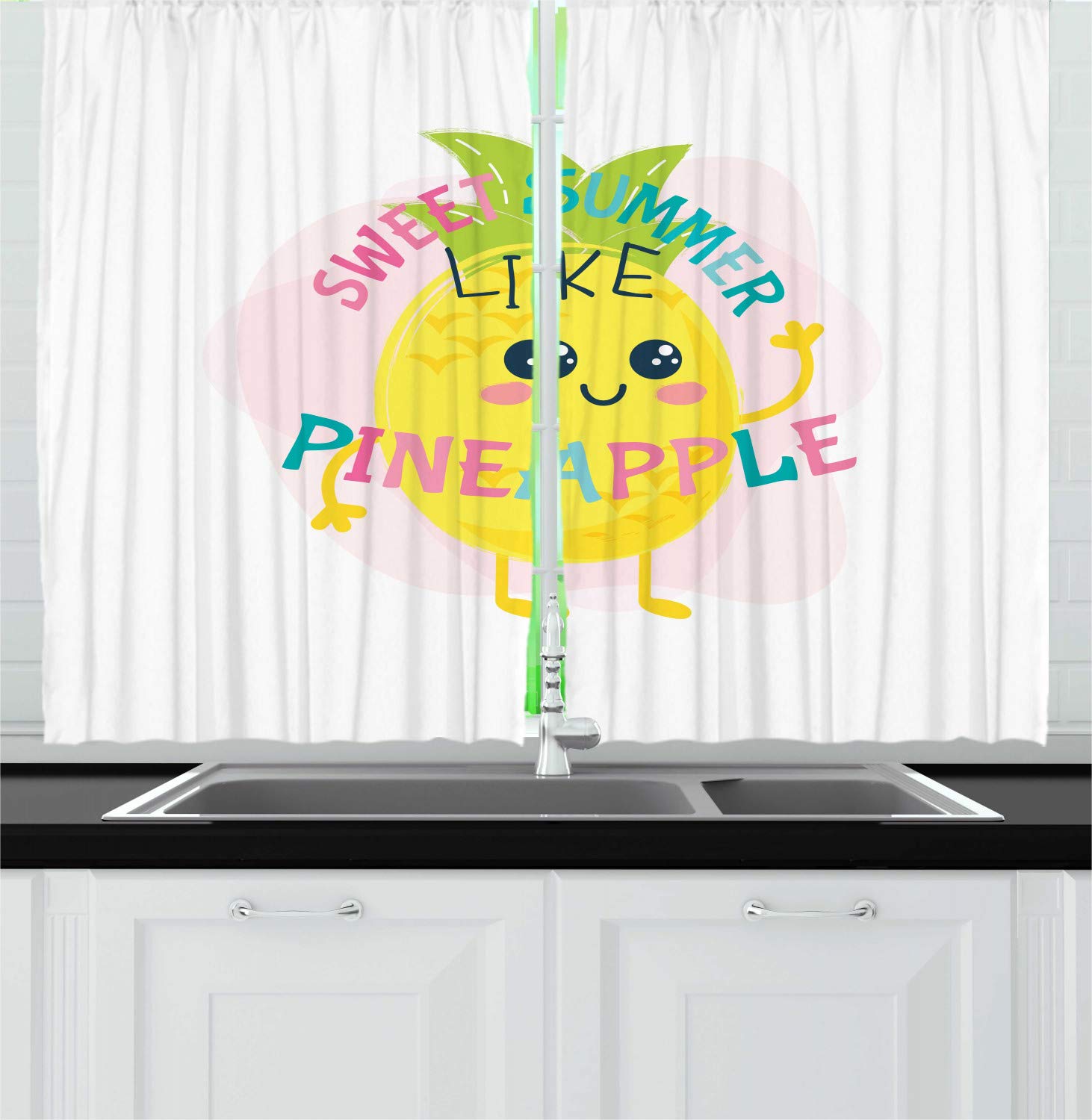 Ambesonne Summer Kitchen Curtains - Kawaii Pineapple Cartoon Design with Warm Tones, 2 Panel Set for Window Decor (55