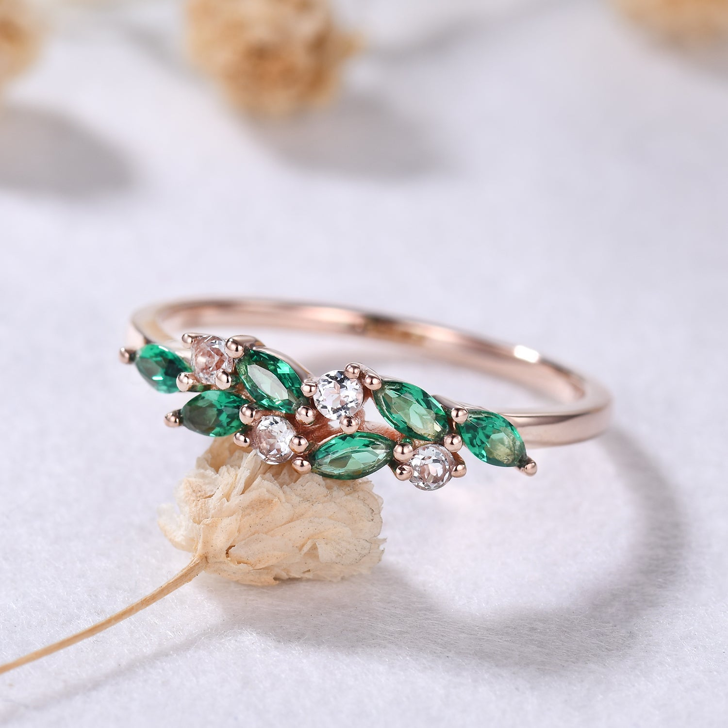 Exquisite 14k Rose Gold Emerald & Aquamarine Cluster Wedding Band – Elegant Mother’s Ring for Anniversary, Gift & Special Occasions