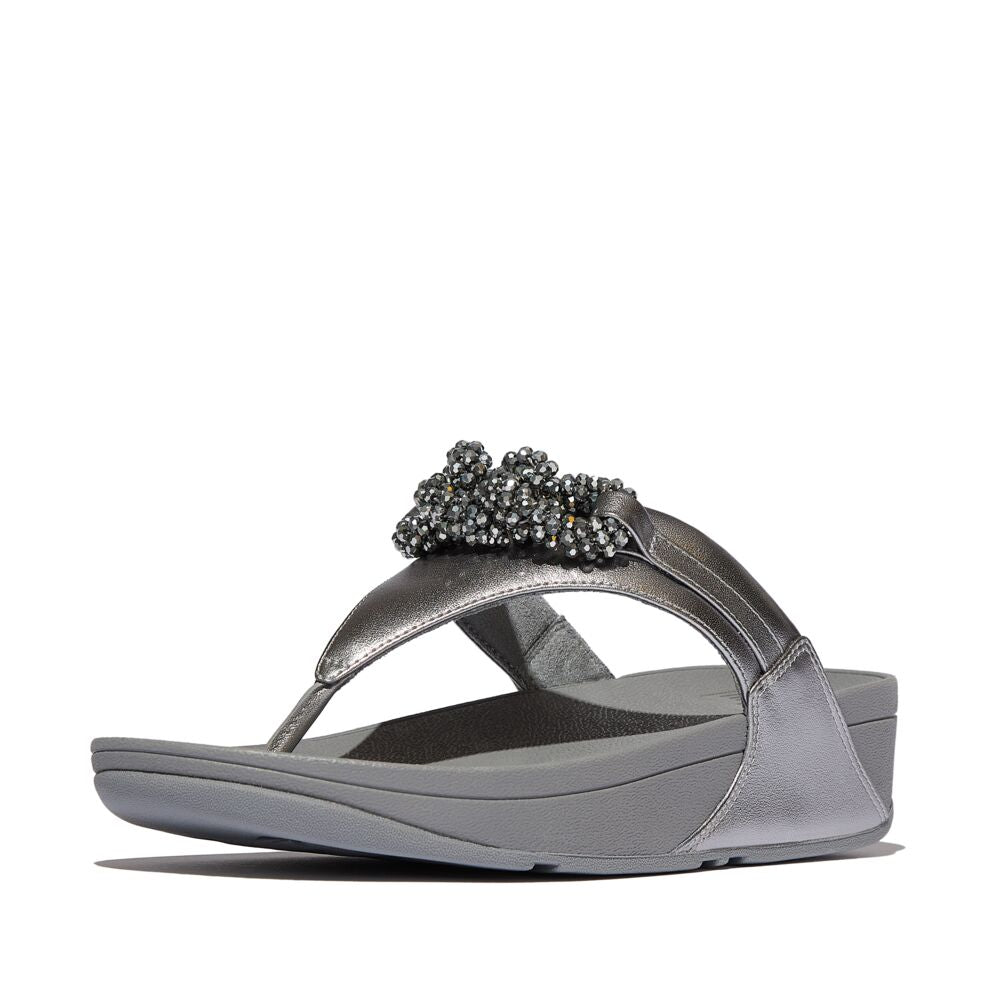 FitFlop Lulu Beaded Chain Leather Sandals for Women - Comfortable & Stylish Silver Gladiator Sandals for Summer, Beach, and Casual Outings