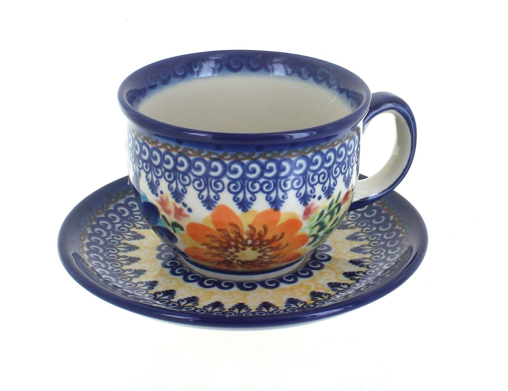Handmade Blue Rose Polish Pottery Cup and Saucer Set - Autumn Burst Design - Perfect for Tea, Coffee & Home Decor