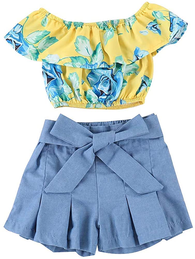Floral Ruffle Off-Shoulder Crop Top & Bowknot Denim Shorts Set - Toddler Girls Summer Outfit | Cute Baby Girl Clothes for Playdates, Beach & Photoshoots