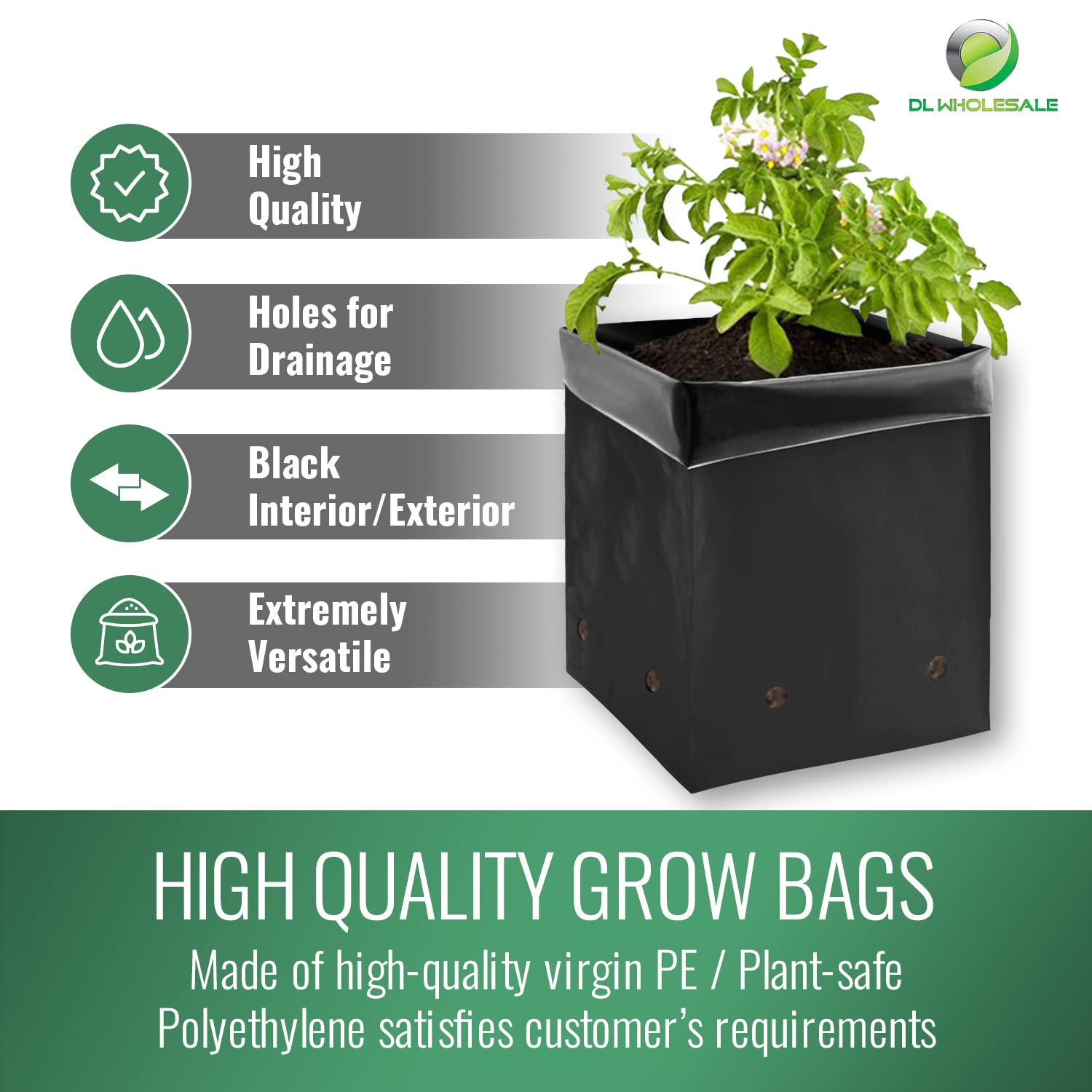 Grow1 Plastic PE Grow Bags for Plants - All Black (1/2 Gallon, 3000 Bags) - Perfect for Seedlings, Transplanting & Hydroponics | Durable Plant Containers for Gardening & Commercial Nursery Use