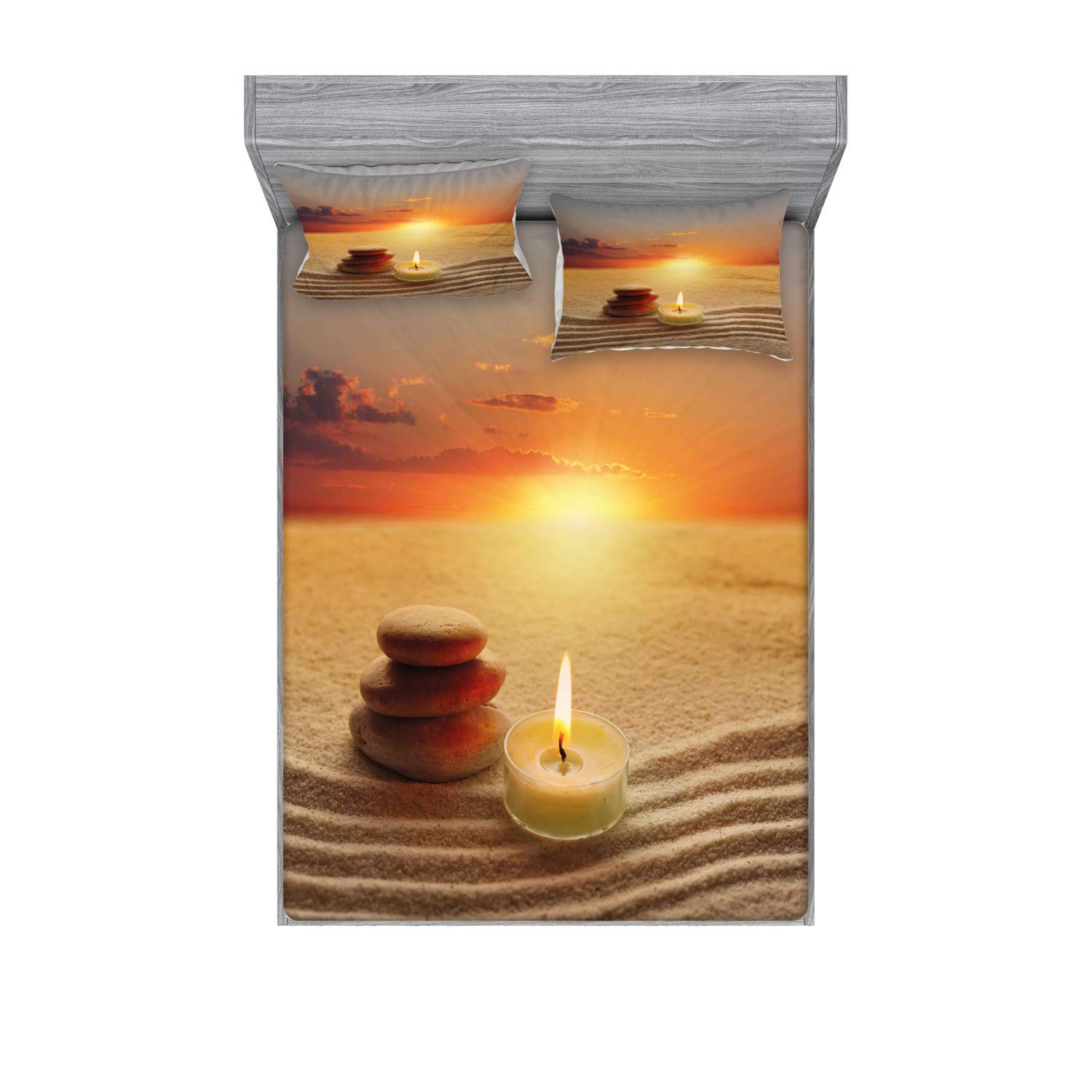 Ambesonne Boho Fitted Sheet & Pillow Sham Set - Stack of Stones and Candle Meditation Yoga Horizon Print, Decorative 3-Piece Bedding Set for Full Size Bed in Orange Sand Brown - Perfect for Boho Chic Bedroom Decor, Meditation Spaces & Yoga Retreats