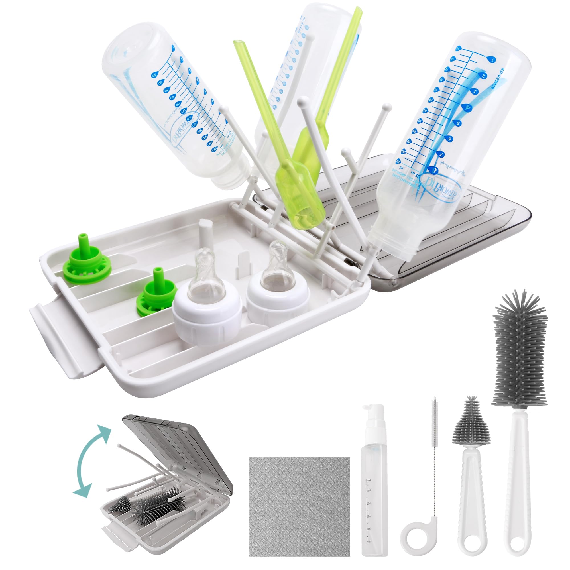 7-in-1 Baby Bottle Cleaning Kit with Silicone Brush, Nipple Cleaner, Straw Brush, Soap Dispenser & Drying Rack | Portable Travel Essentials for Infant Feeding | Perfect for Home, Daycare & On-the-Go Parents (White)