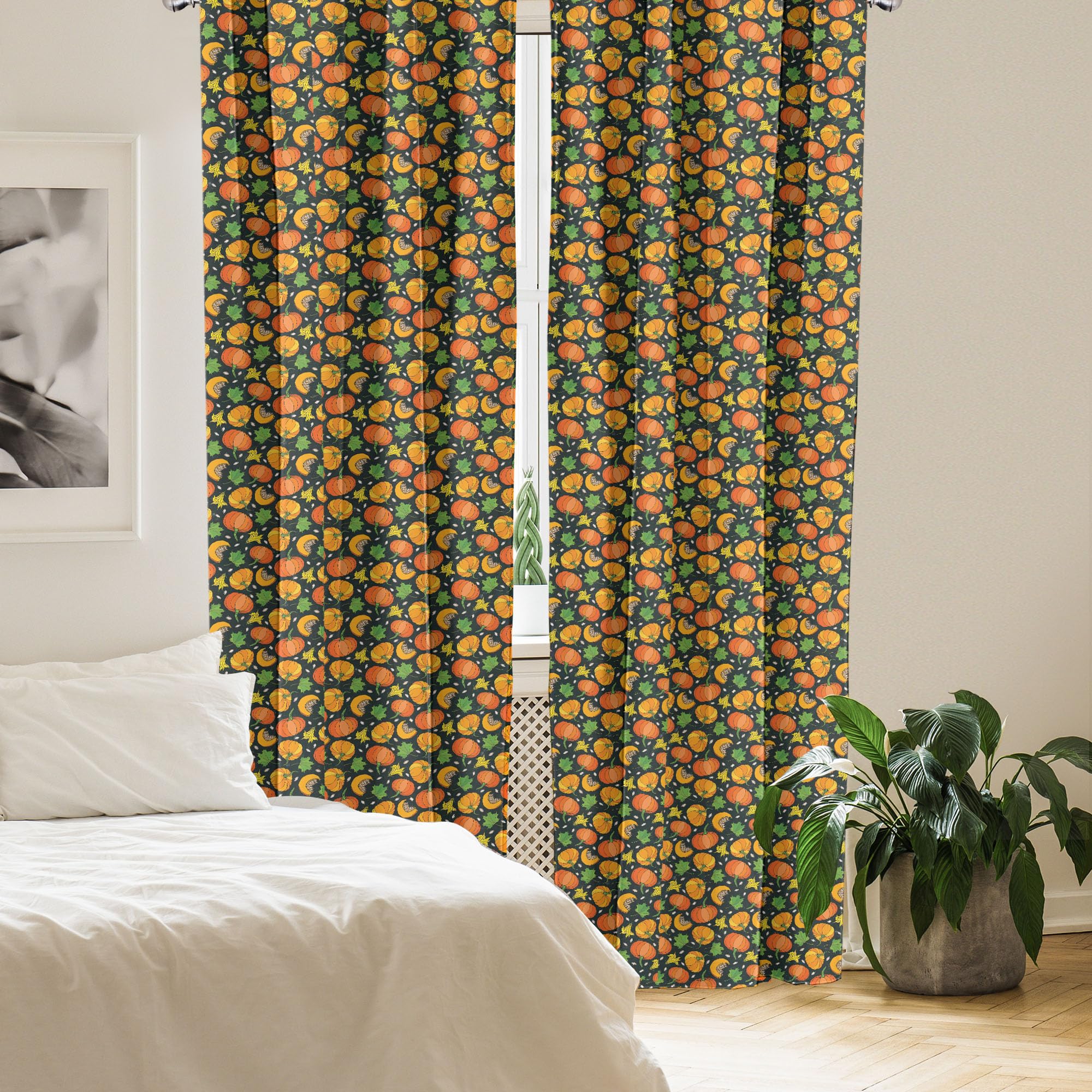 Ambesonne Autumn Curtains - Pumpkin Flower Leaf Halloween Harvest Season Repeating Pattern - 2 Panel Set (28