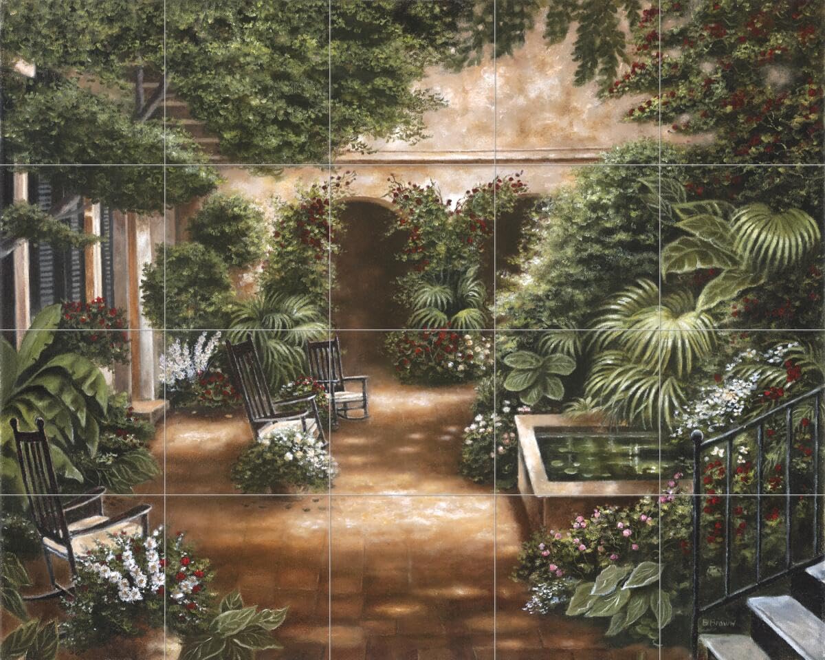 Hand-Painted Ceramic Backsplash Tile Mural - New Orleans Courtyard II by Betsy Brown for Kitchen, Bathroom & Shower - Waterproof & Durable Wall Decor for Home Renovation