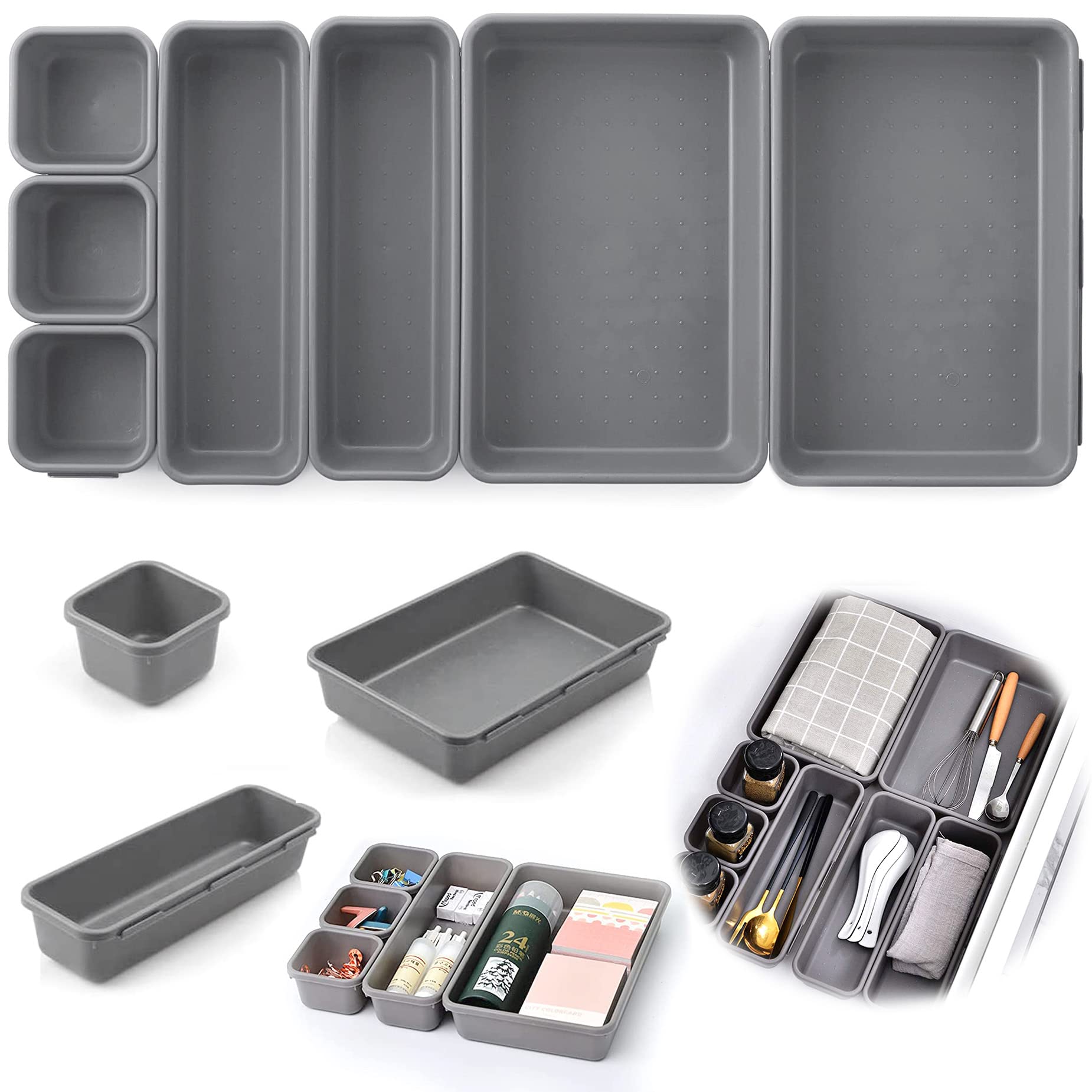 Theshai 8-Piece Small Drawer Organizer Set - 3-Size Interlocking Tray Dividers for Bathroom, Makeup, Kitchen, Office & Craft Supplies (Black) | Space-Saving Storage Solution for Vanity, Desk & Closet Organization
