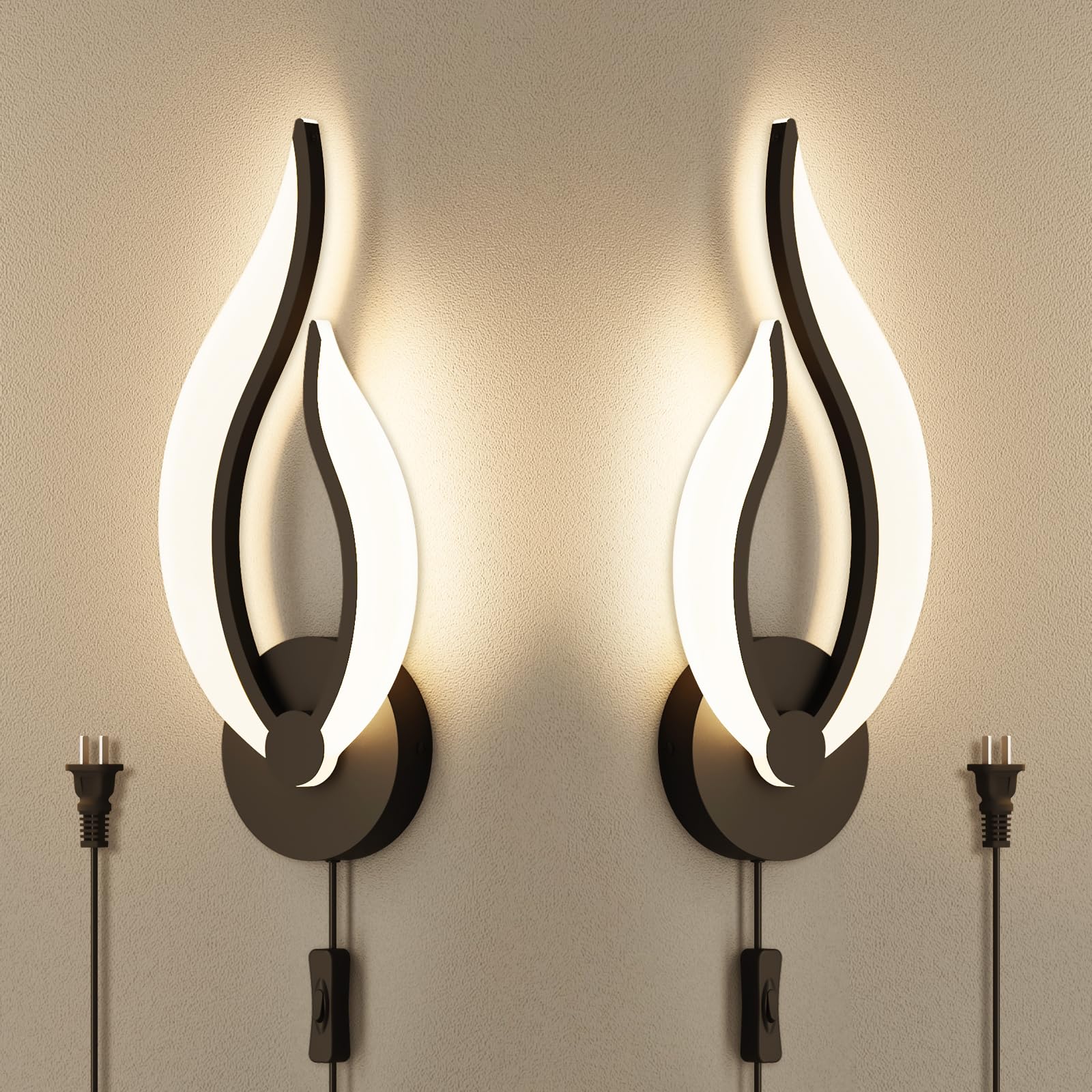Modern LED Wall Lamps for Bedroom - Set of 2 Black Plug-in Wall Lights with 3000K Warm White, 10W Energy Saving, Wall Mounted Night Lights for Bedside, Living Room, Hallway - 110V AC (Perfect for Reading & Ambient Lighting)