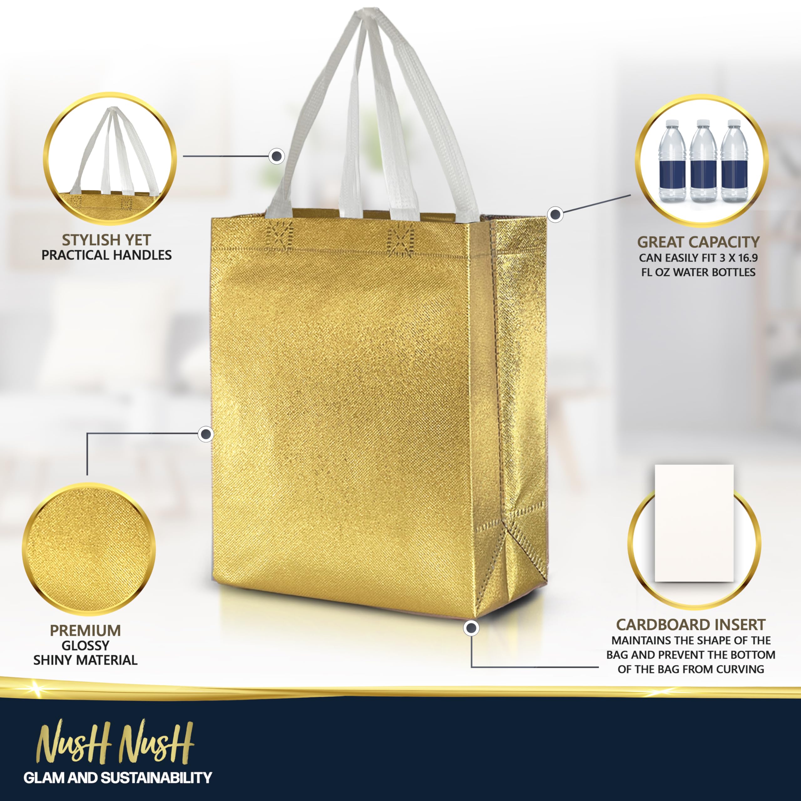Nush Nush Bulk Gold Gift Bags with Handles - Set of 12 Reusable Medium Gift Bags (8x4x10 Inches) - Perfect for Christmas, Birthdays, Party Favors & Goodie Bags - Elegant Gift Packaging for Weddings, Baby Showers & Corporate Events
