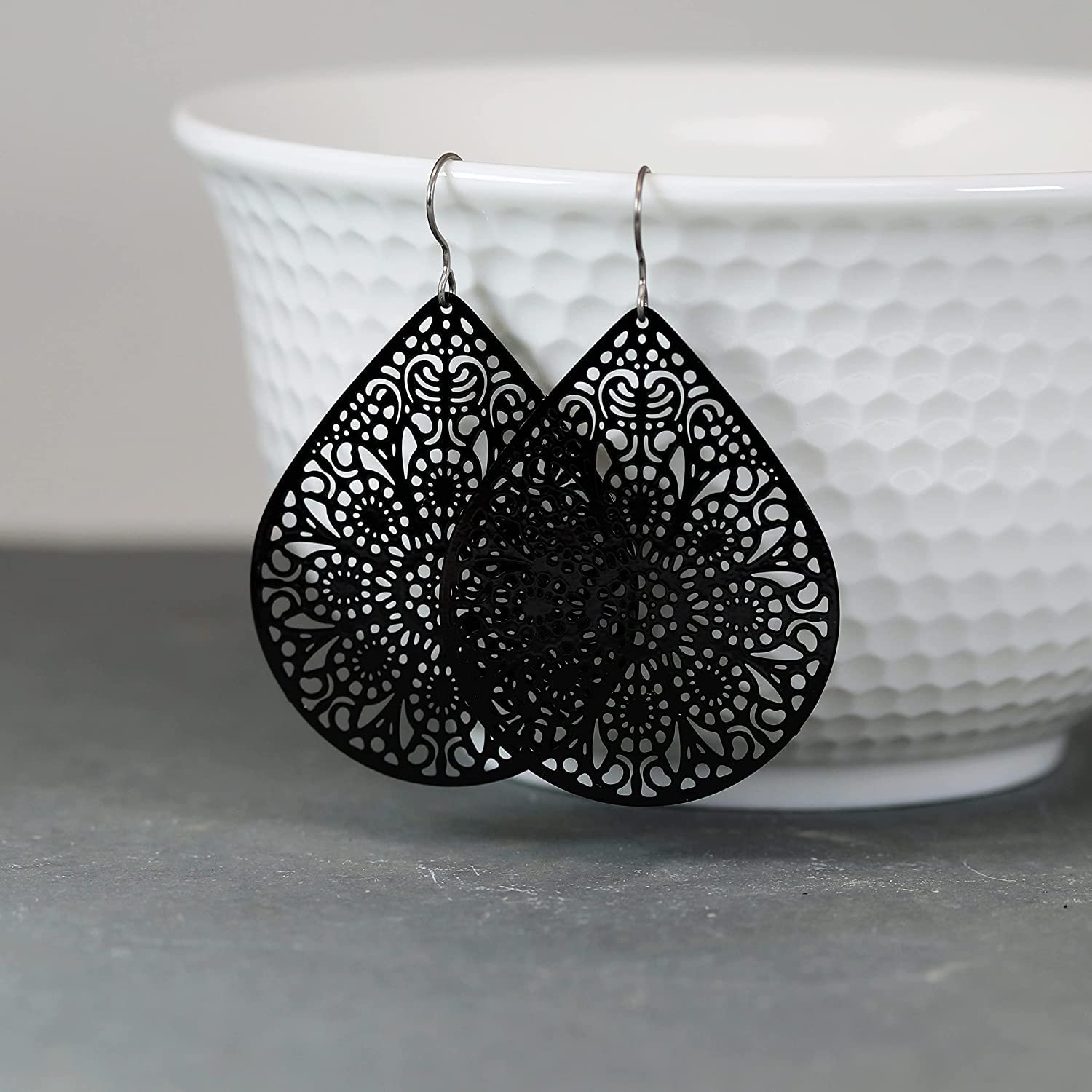 Lightweight Black Lace Cutout Dangle Earrings with Hypoallergenic Titanium Hooks - Elegant Teardrop Design for Women, Perfect for Parties, Weddings & Evening Events
