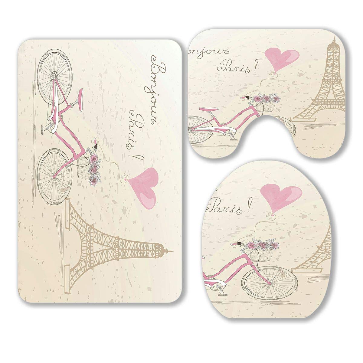 ABPHQTO Paris-Themed 3-Piece Bathroom Rug Set with Eiffel Tower & Floral Design - Non-Slip Contour Mat & Toilet Lid Cover - Perfect for Vintage French Decor Bathrooms