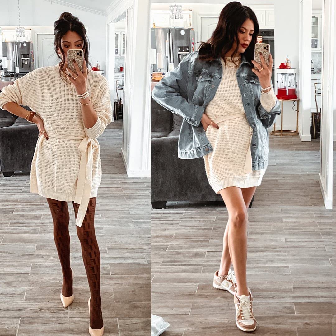 ZESICA Women's Long Sleeve Waffle Knit Tie Waist Tunic Sweater Dress - Fall Winter Pullover Casual Outfit for Work, Date & Holiday Season