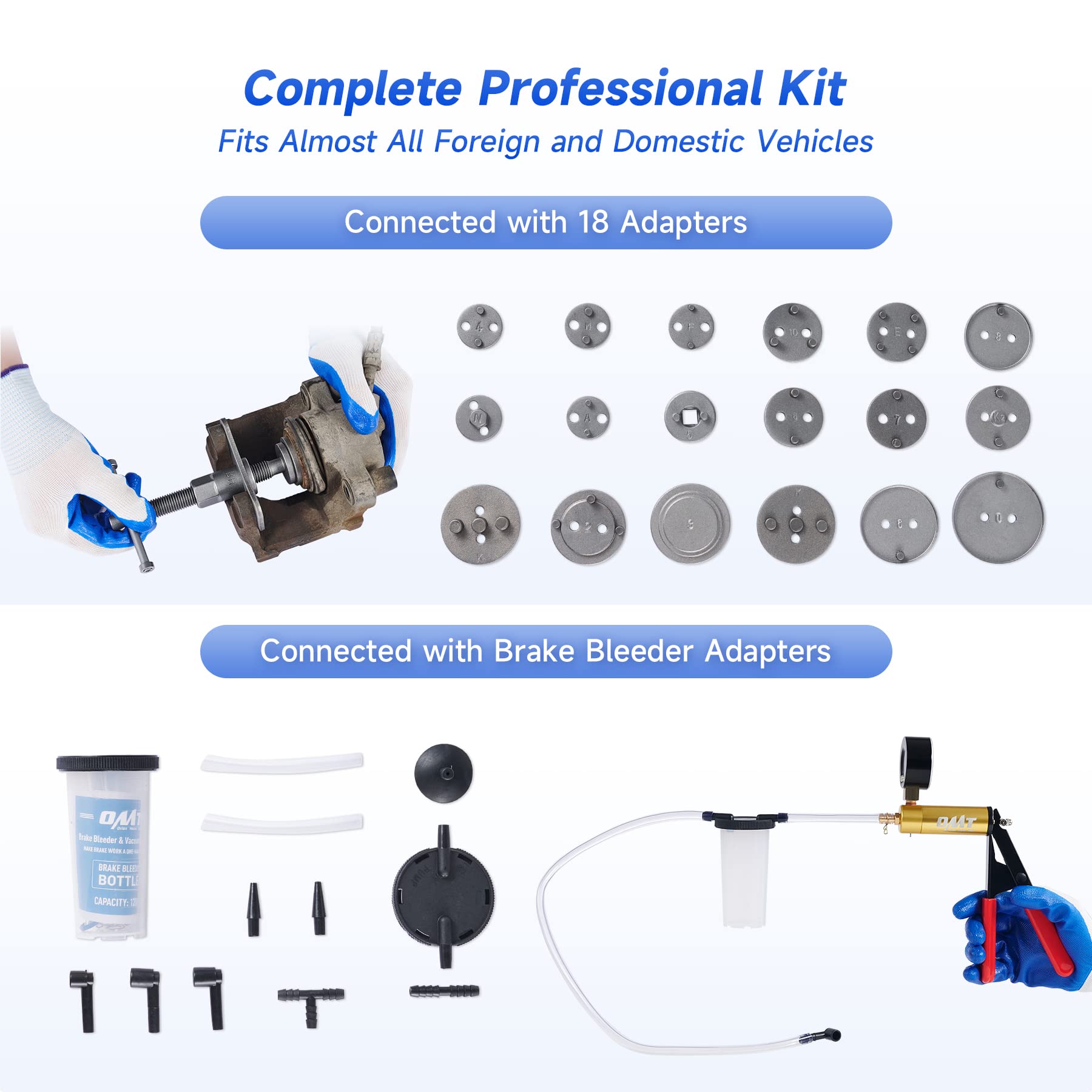 Orion Motor Tech 2-in-1 Brake Caliper Compression Tool & Brake Bleeder Kit - Handheld Vacuum Pump Brake Bleeder Set with Thrust Bolt Retaining Plates & 18 Adapters - Professional Disc Brake Pad Service Tool for Car, Truck & Motorcycle Maintenance