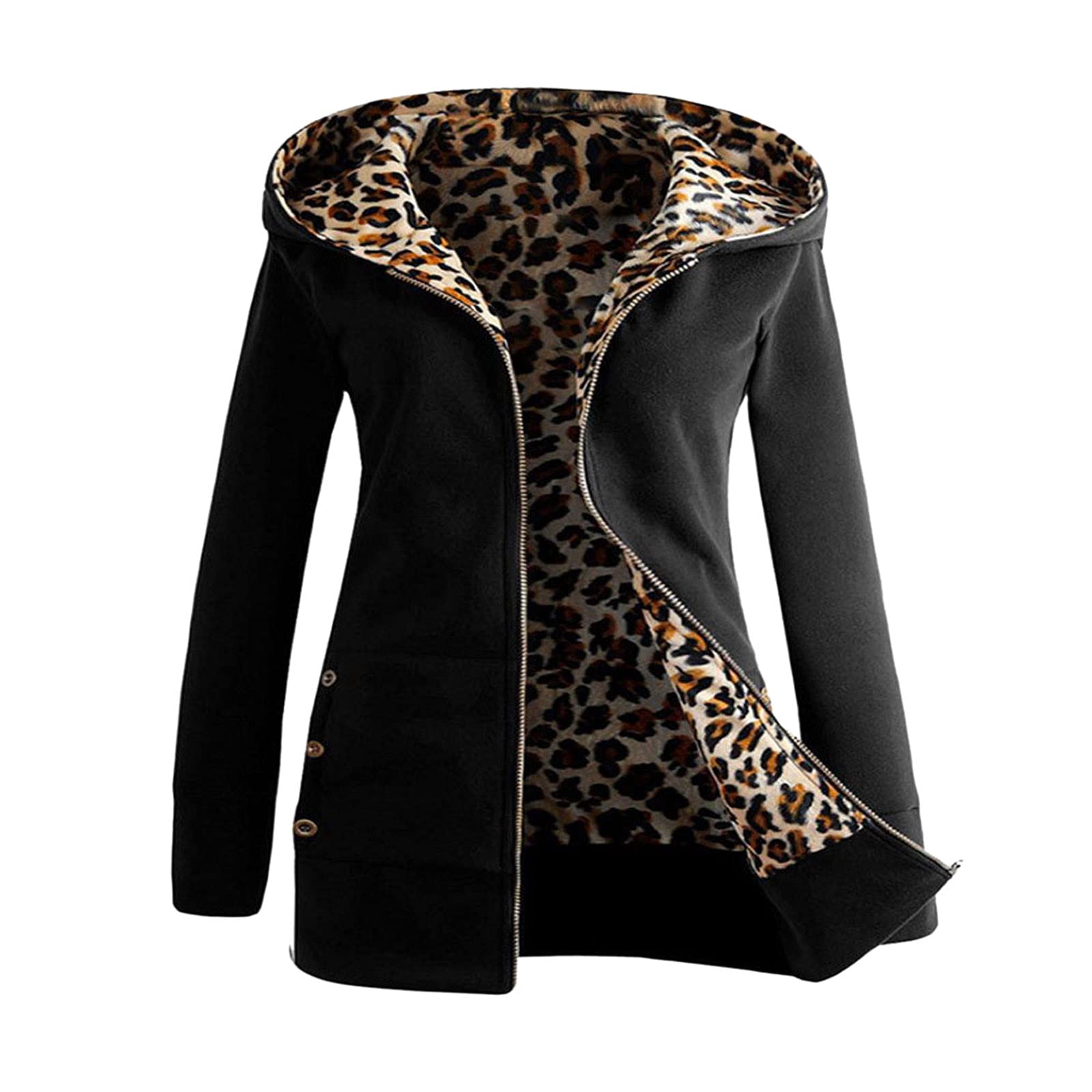 Women's Winter Hooded Jacket with Zipper & Velvet Lining - Leopard Print Fleece Coat for Cold Weather - Perfect for Outdoor Activities, Travel & Daily Wear