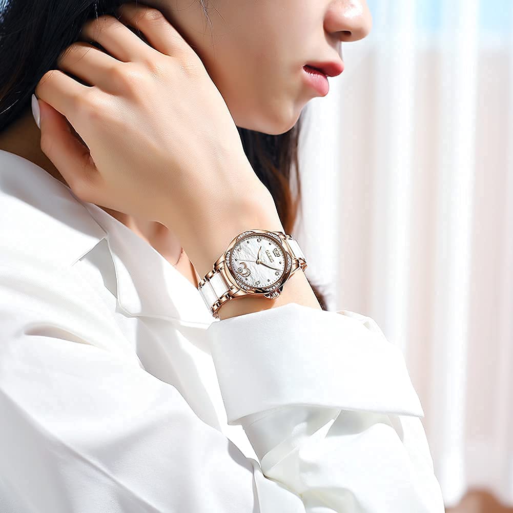 OLEVS Rose Gold Women's Automatic Watch with Two-Tone Stainless Steel & Ceramic Bracelet, Diamond-Accented Self-Winding Watch - Red/Blue/White Dial (No Battery Required) - Perfect for Business, Party & Everyday Wear