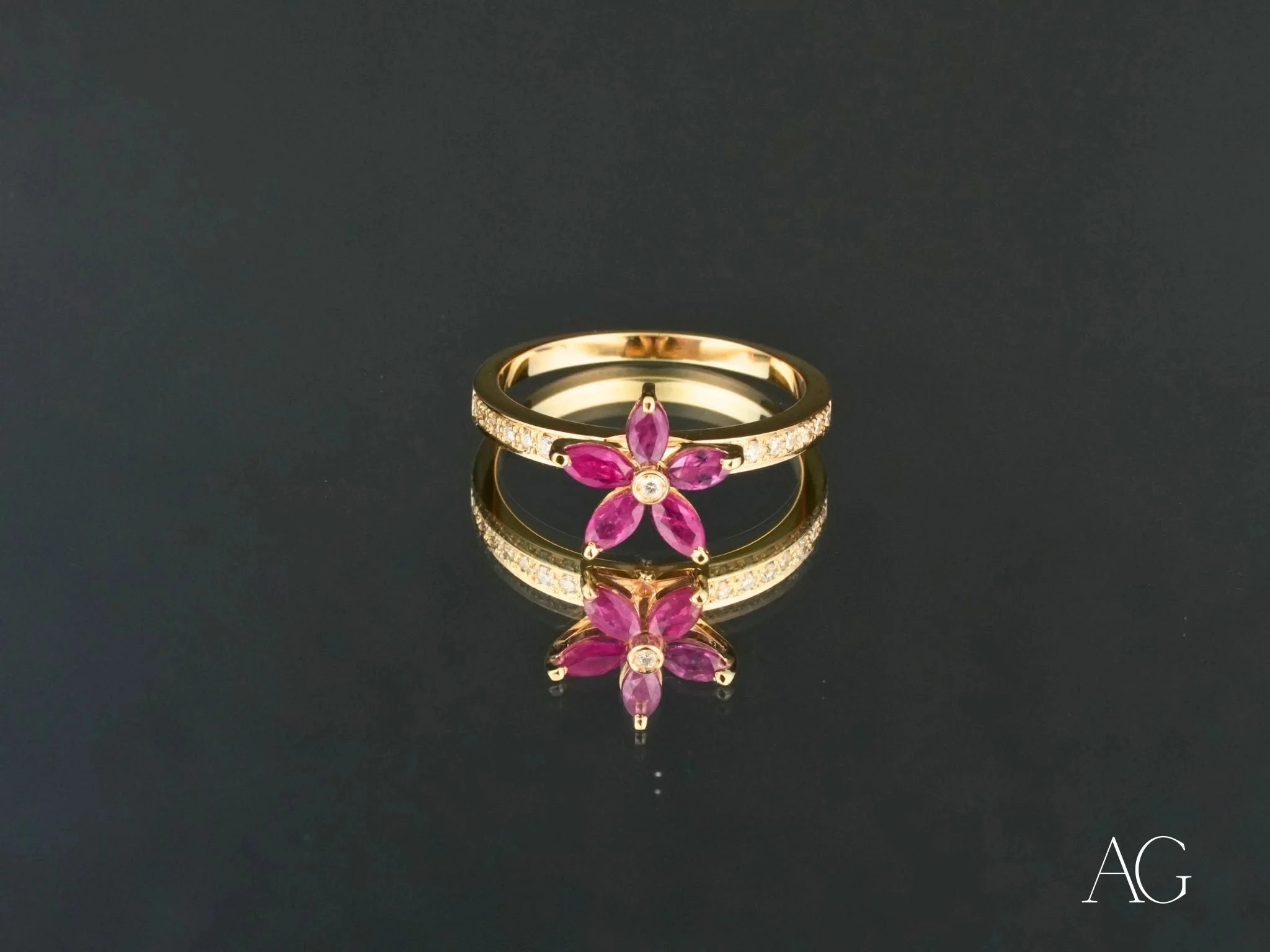 18k Gold Ruby Flower & Diamond Ring for Women - Elegant Floral Jewelry Gift for Anniversary, Engagement, Wedding & Special Occasions