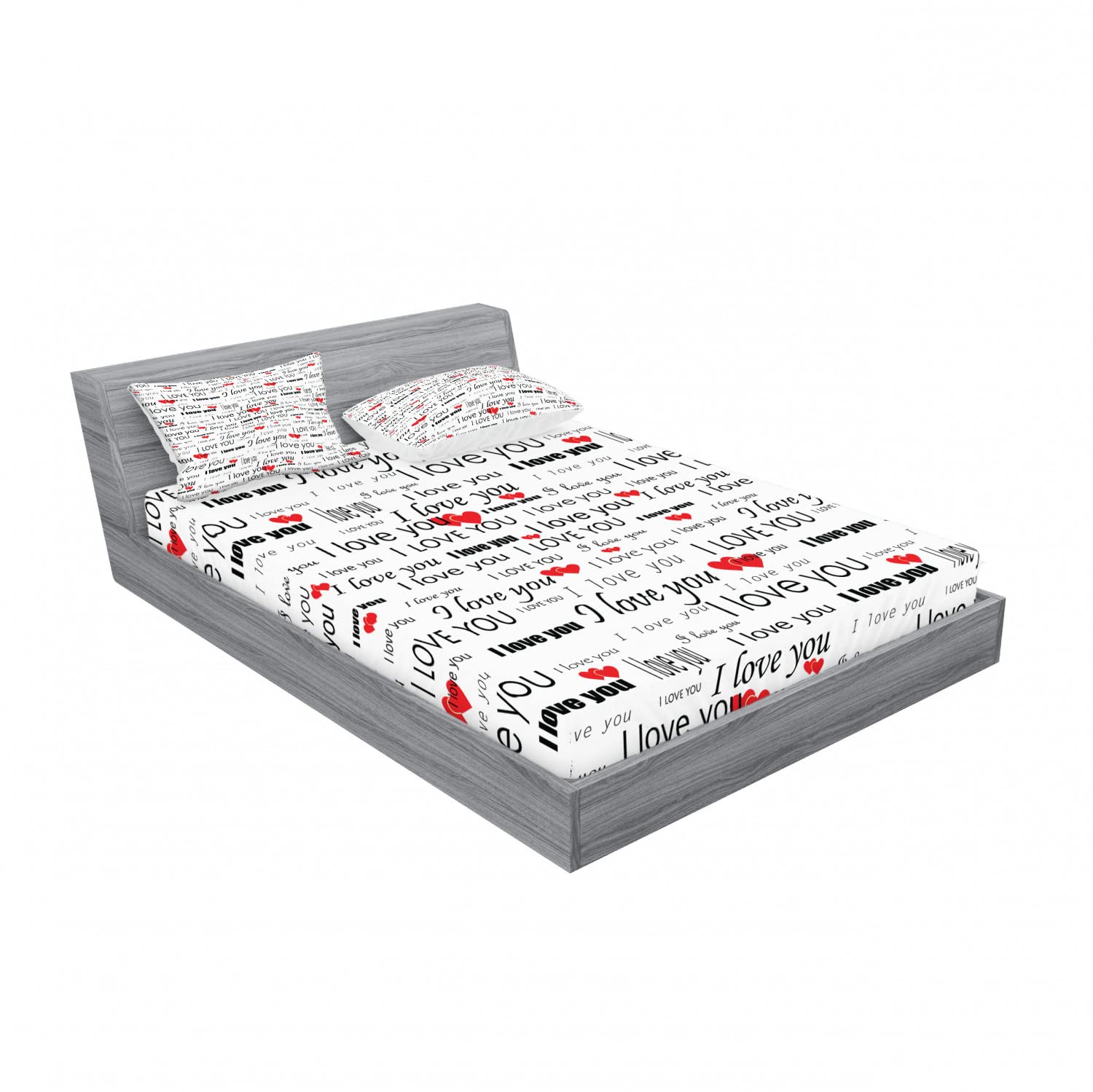 Ambesonne Romantic 2-Piece Queen Size Fitted Sheet & 4 Pillow Sham Set - Love Couple Bedding Collection in Vermilion Black White - Perfect for Valentine's Day, Anniversary Gifts & Master Bedroom Decor