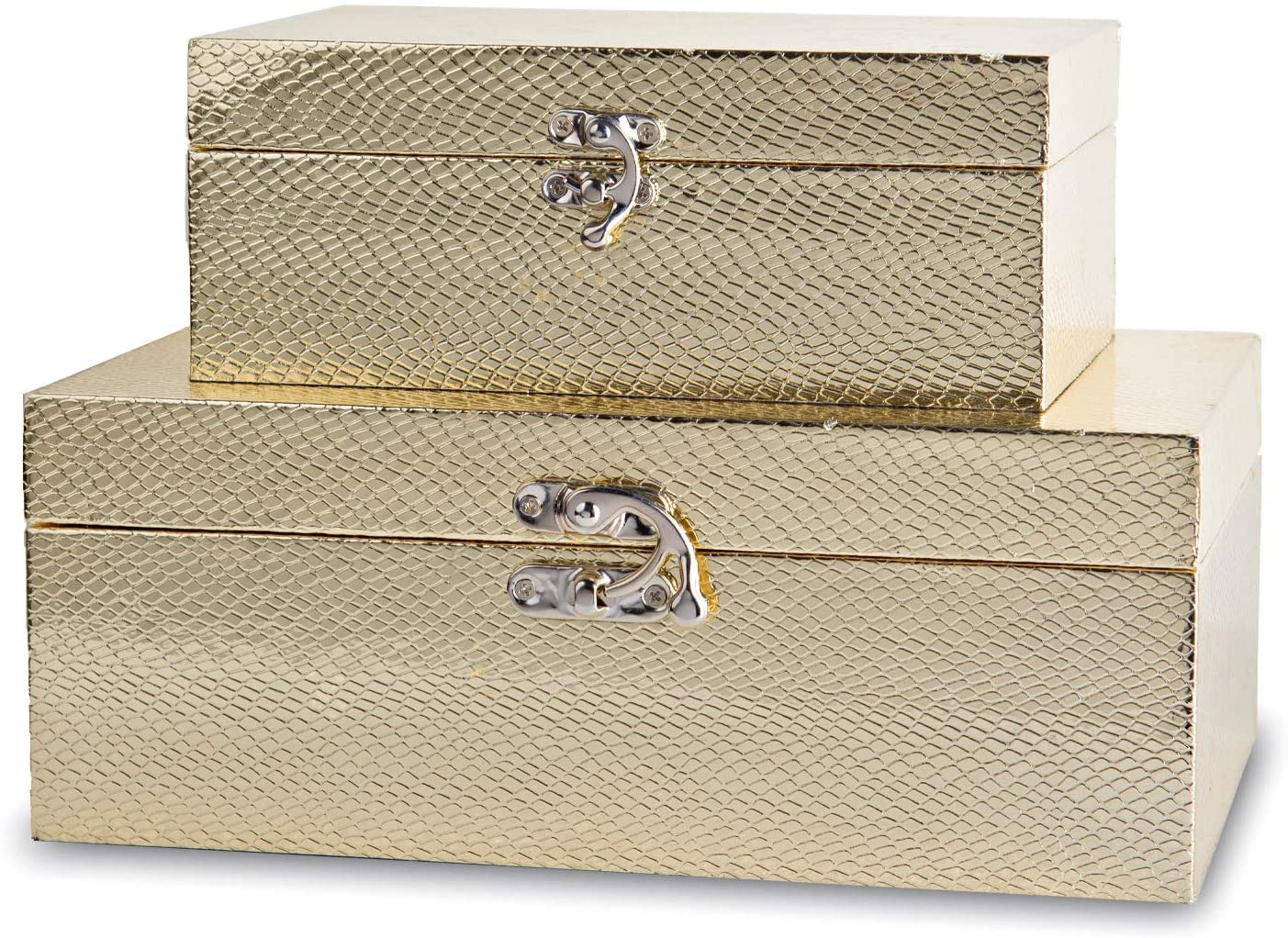 Set of 2 Decorative Wooden Keepsake Boxes - Small Jewelry Organizer with Gold Leather & Clasp Closure - Perfect for Jewelry Storage, Gift Giving & Home Decor