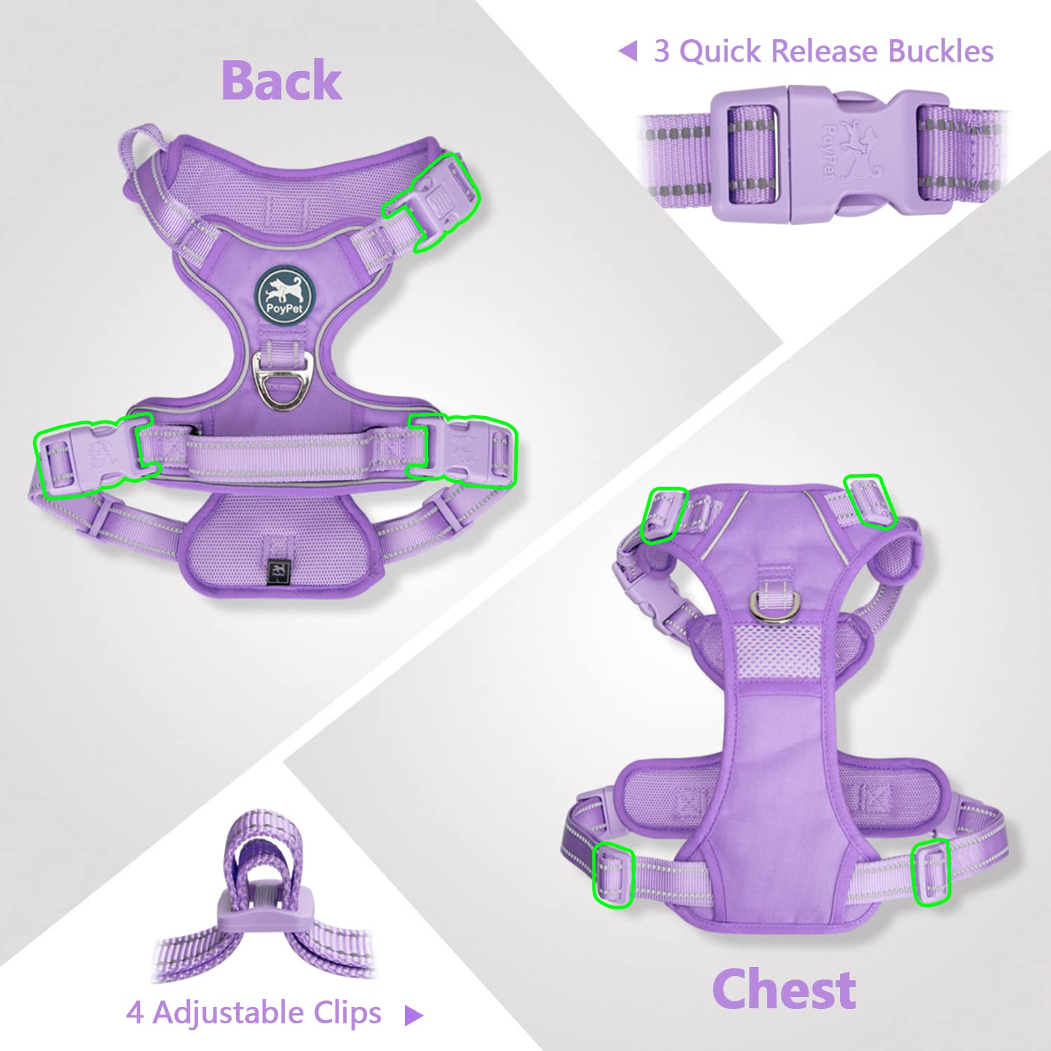 PoyPet No Pull Dog Harness - Reflective Adjustable Pet Vest with Padded Handle for Small Medium Large Dogs - Light Purple XL | Walking, Running & Outdoor Adventures
