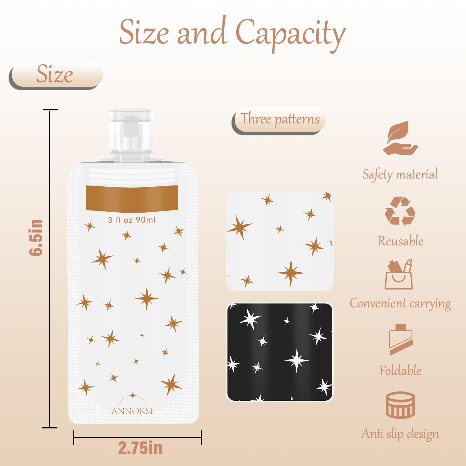 8 Pack Refillable Leak-Proof Travel Pouches for Toiletries - 3oz Squeeze Bottles for Shampoo, Conditioner & Liquids (Star Design) - Perfect for Air Travel, Camping & Gym Essentials