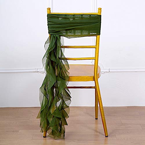 50 Pack Olive Green Premium Curly Chiffon Chair Covers with Sashes - Elegant Wedding, Party & Reception Decorations - Perfect for Banquets, Bridal Showers & Formal Events