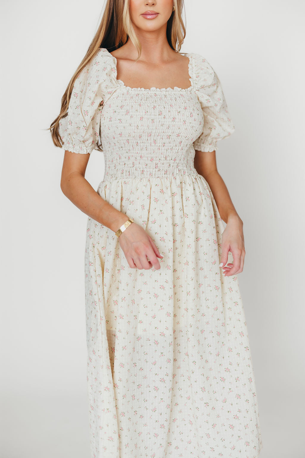 Kinsley Ditsy Floral Smocked Midi Dress - Women's Pink Floral Summer Dress with Elastic Waist, Perfect for Beach Vacations, Garden Parties & Date Nights