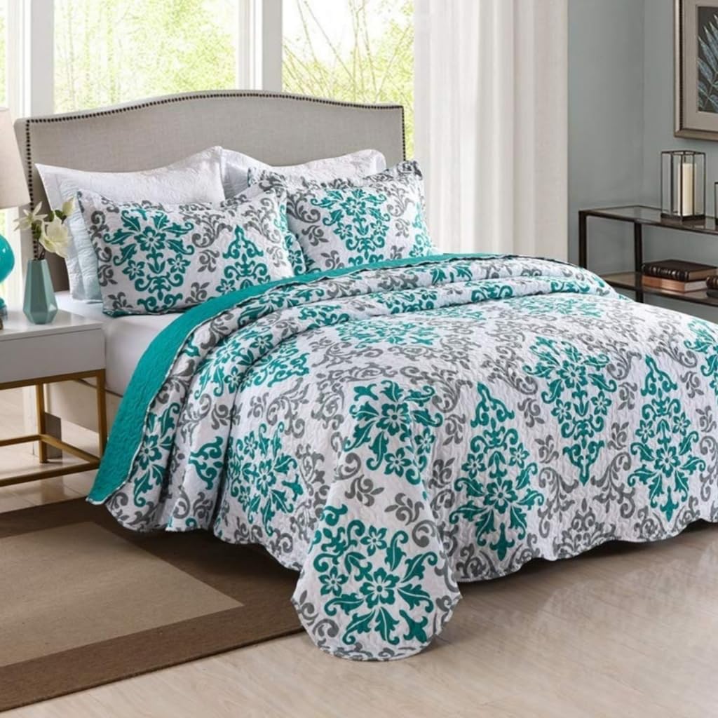 MarCielo 3-Piece Quilted Bedspread Set - Queen Size Lightweight Printed Coverlet & Throw Blanket in Turquoise Katrina Blue | Soft Bedding Ensemble for Master Bedroom, Guest Room & Cozy Home Decor