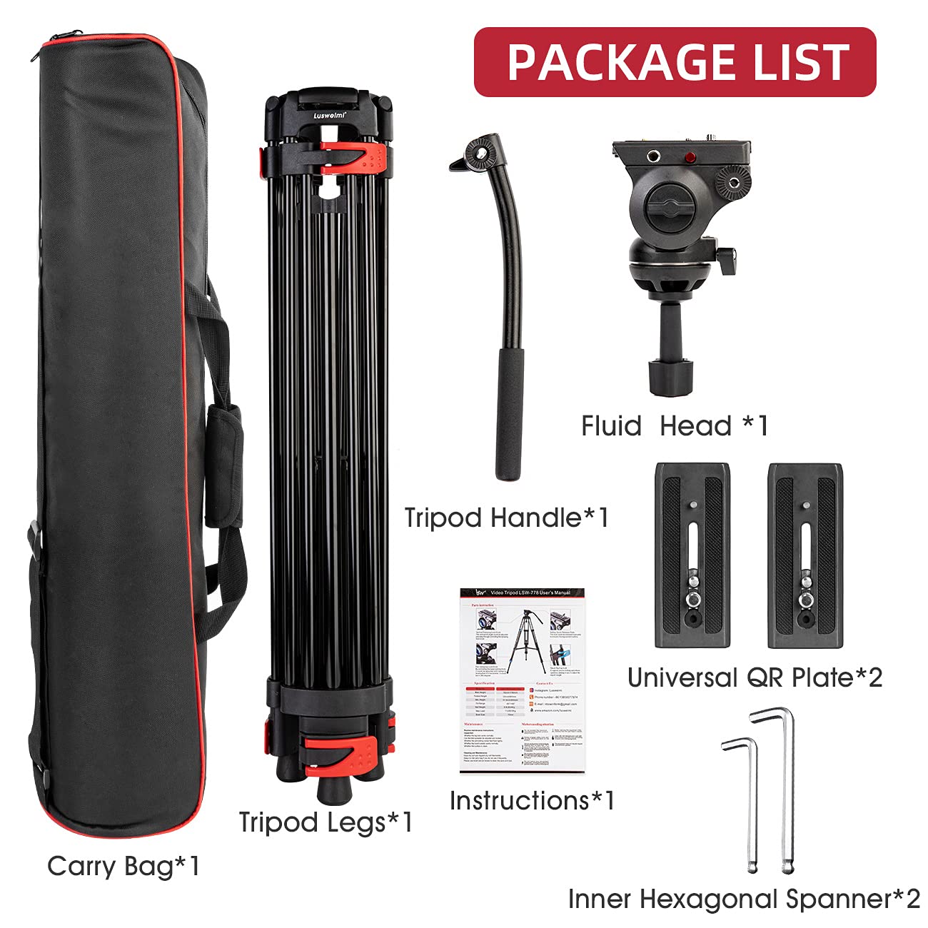 Lusweimi 72 Inch Heavy Duty Aluminum Tripod - Professional Video Camera Stand with 360° Fluid Head, 2 Quick Release Plates & Mid-Level Spreader, Supports 17Lbs for DSLR Cameras - Perfect for Vlogging, Photography, and Film Production