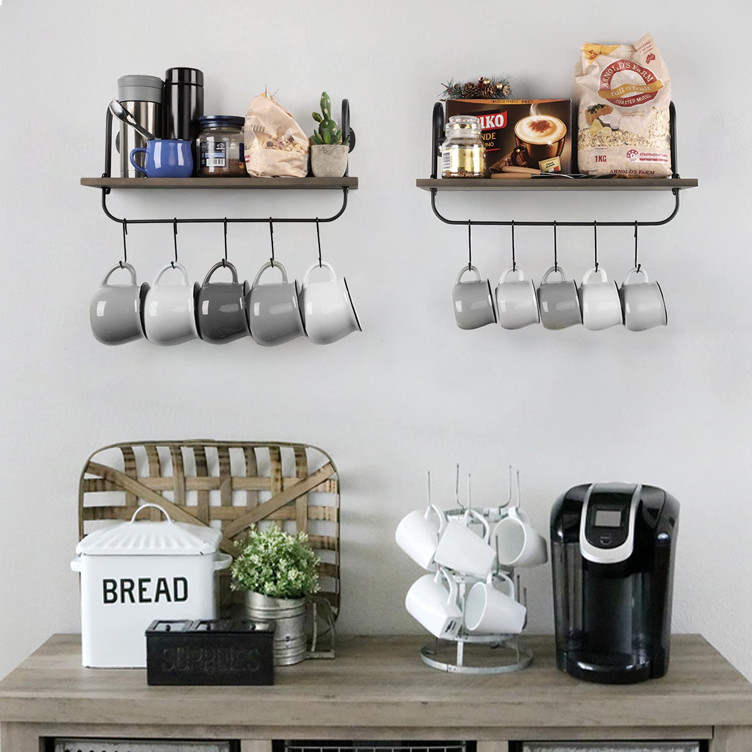 Olakee 2-Pack Floating Wall Shelves with 10 Adjustable Hooks - 17x5.9 Inch Rustic Bathroom & Kitchen Storage for Mugs, Towels, Utensils - Perfect for Small Spaces, Coffee Nooks & Farmhouse Decor (Weathered Grey)