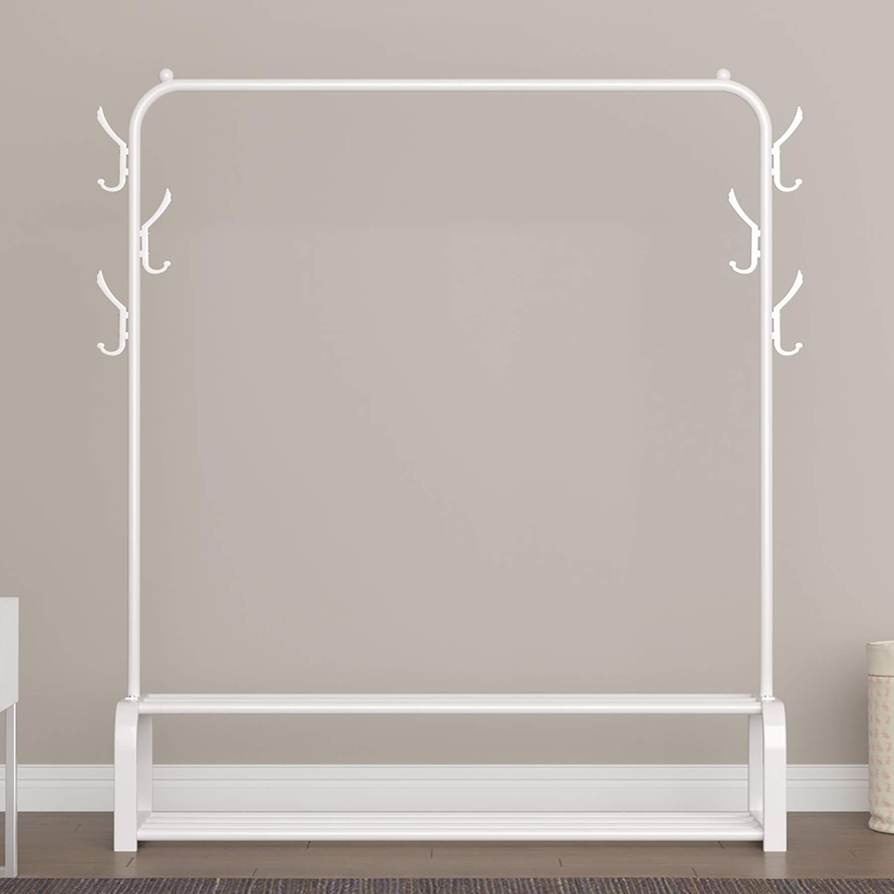 YAYI Freestanding Garment Rack with 2-Tier Storage Shelf & Side Hooks - White Clothes Hanger for Bedroom, Closet Organization & Laundry Room Storage