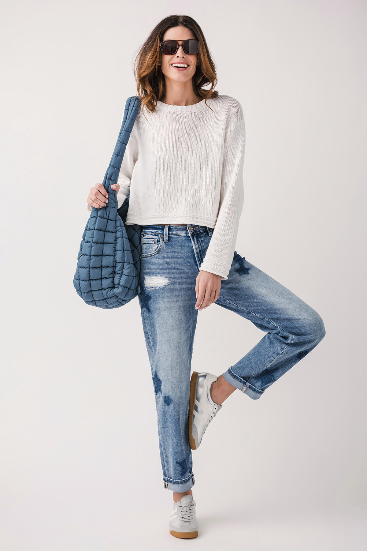 Risen Celeste High Rise Star Shadow Boyfriend Jeans for Women - Trendy Distressed Denim Pants with Comfortable Stretch - Perfect for Casual Outings, Date Nights & Street Style Fashion