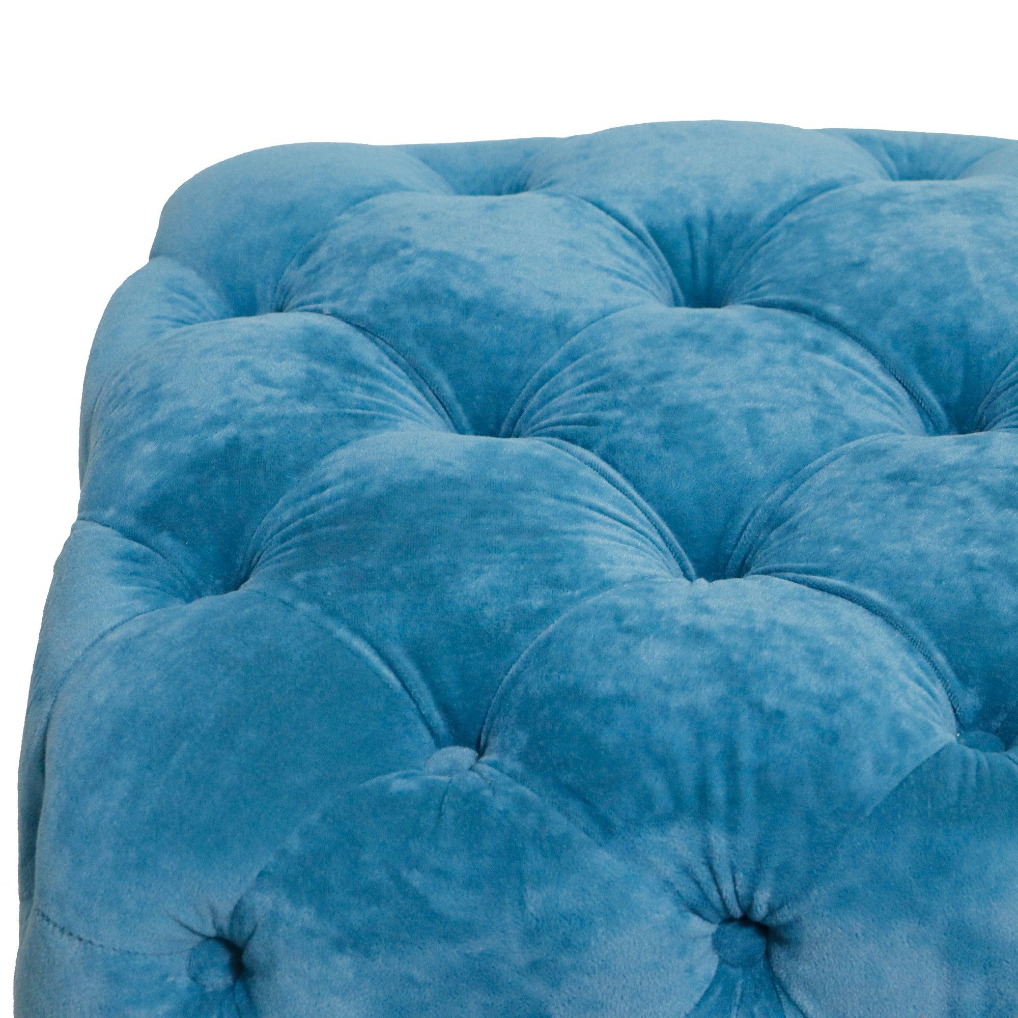 Blue Modern Velvet Upholstered Ottoman - Small End Table & Soft Foot Stool | Dressing Makeup Chair with Comfortable Seat for Living Room, Bedroom & Entryway | Perfect for Lounging, Storage & Home Decor