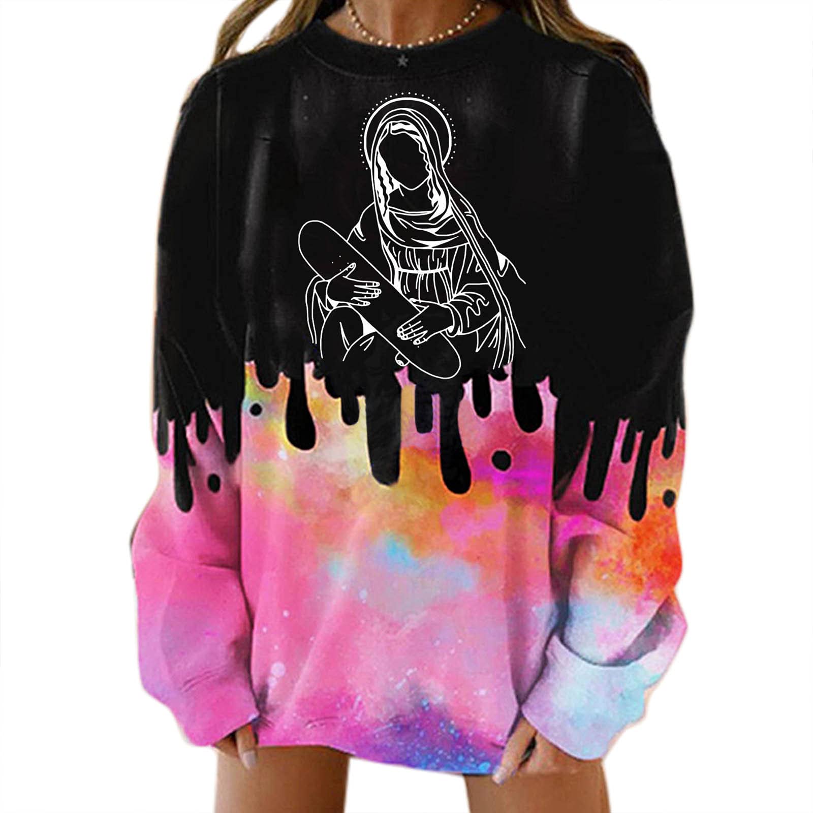 Women's Halloween Sweatshirt - Long Sleeve Casual Tunic Top with Skeleton Tie-Dye Print | Cozy Fall & Winter Pullover | Perfect for Halloween Parties, Pumpkin Picking & Spooky Season Outfits