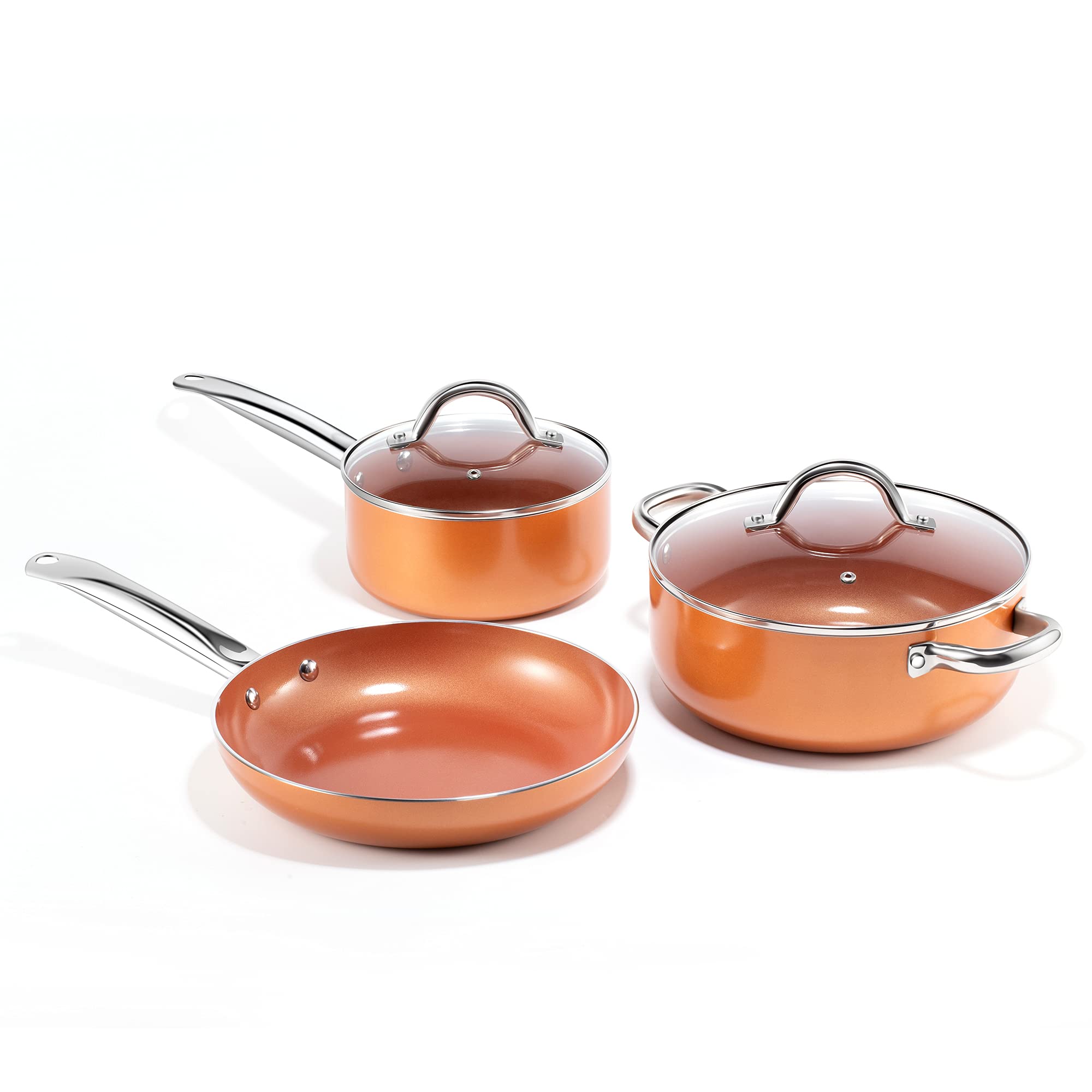 Nonstick Copper Pots and Pans Set - 5 Piece Aluminum Cookware for Induction Cooktop, PFOA Free, Dishwasher & Oven Safe, Orange - Perfect for Frying, Sautéing & Everyday Cooking
