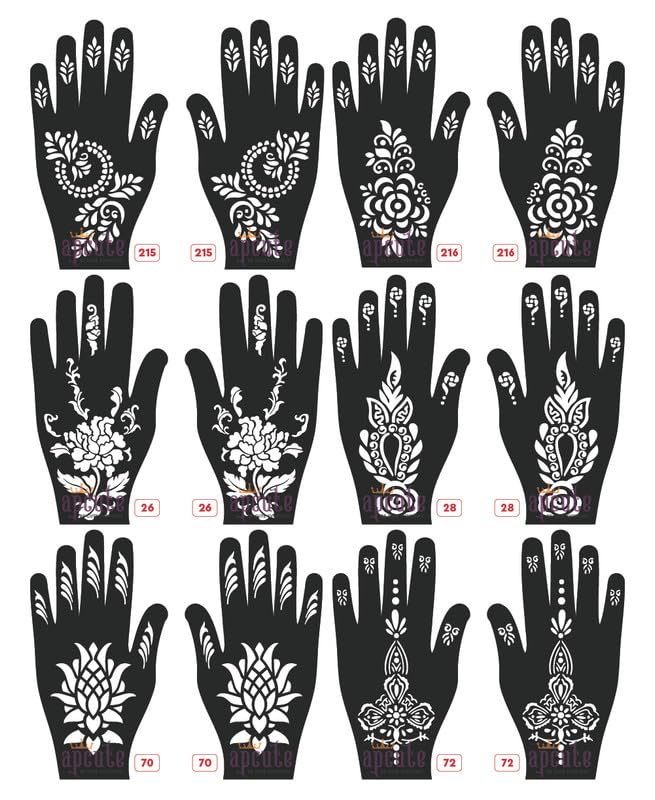 APCUTE 12-Piece Combo Pack Henna Tattoo Stencils for Women, Girls & Kids - Easy DIY Mehndi Design Stickers (Sizes 215-216-26-28-70-72) for Parties, Weddings & Festive Occasions