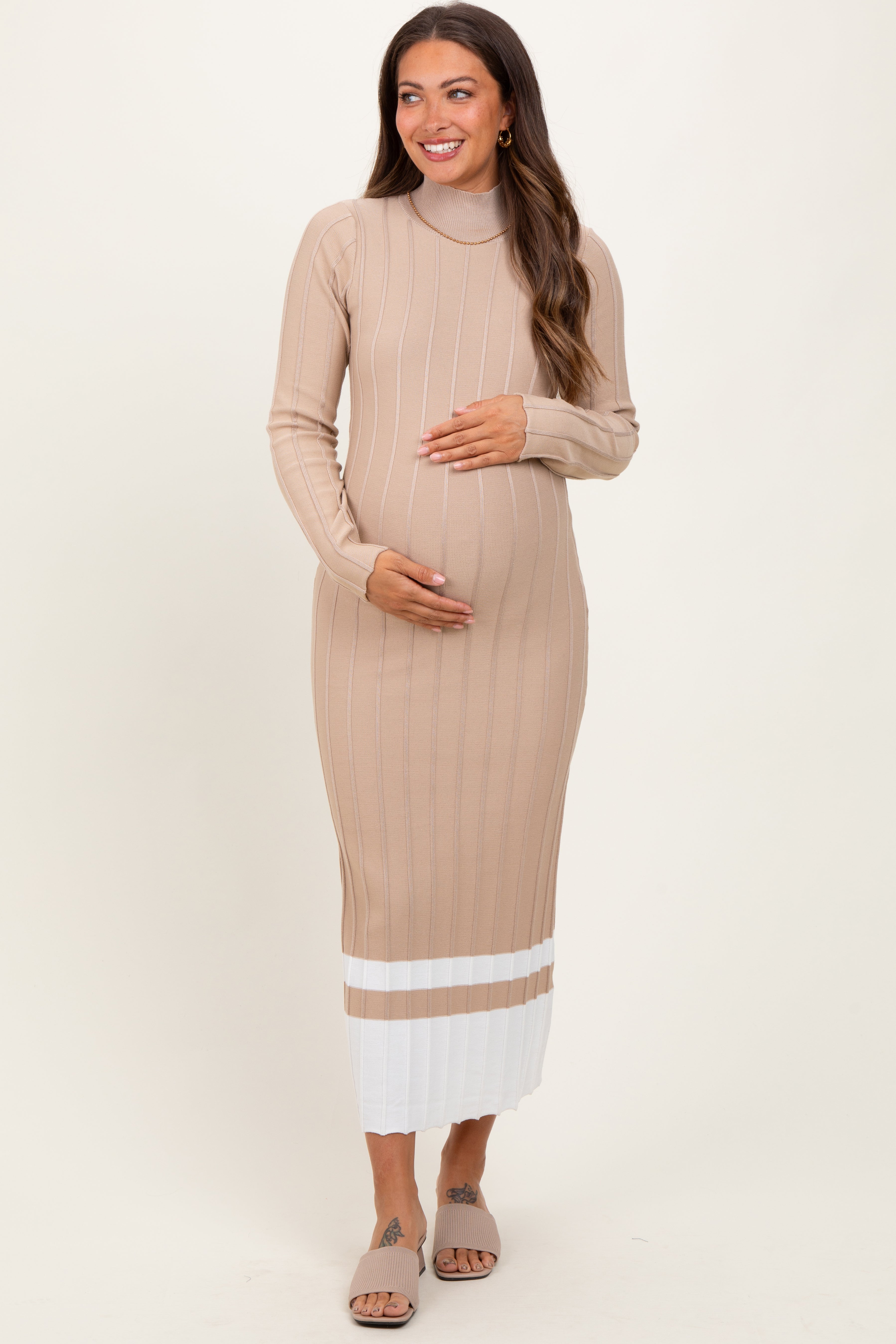 Beige Colorblock Hem Mock Neck Maternity Sweater Dress for Pregnancy - Cozy & Stylish Outfit for Baby Showers, Maternity Photos & Winter Comfort