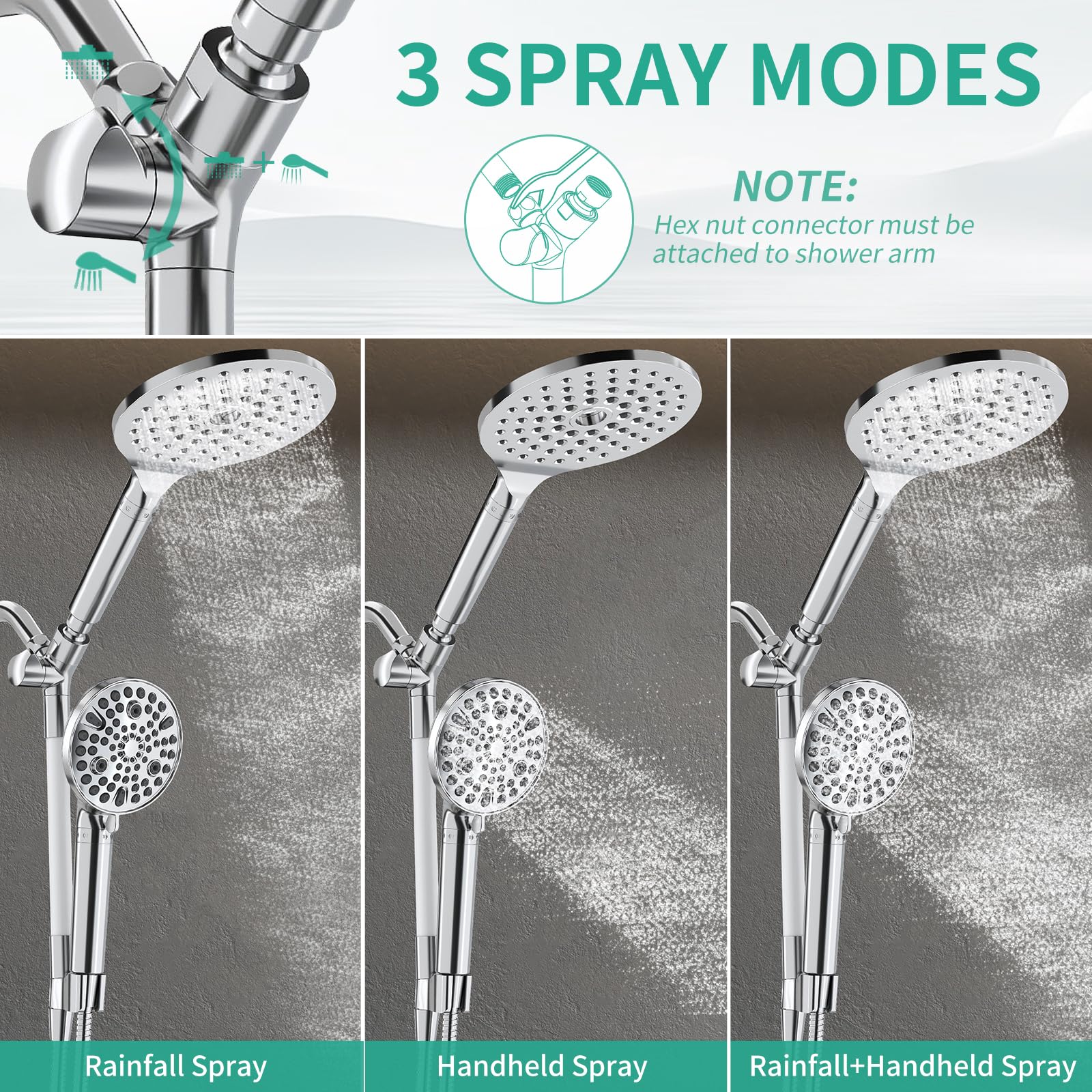 HEROBAI High Pressure Rainfall Shower Head with Handheld Spray Combo - Dual Filtered Shower System with Adjustable Arm & 6ft Hose (Chrome) for Spa-Like Bathroom Relaxation & Water Saving