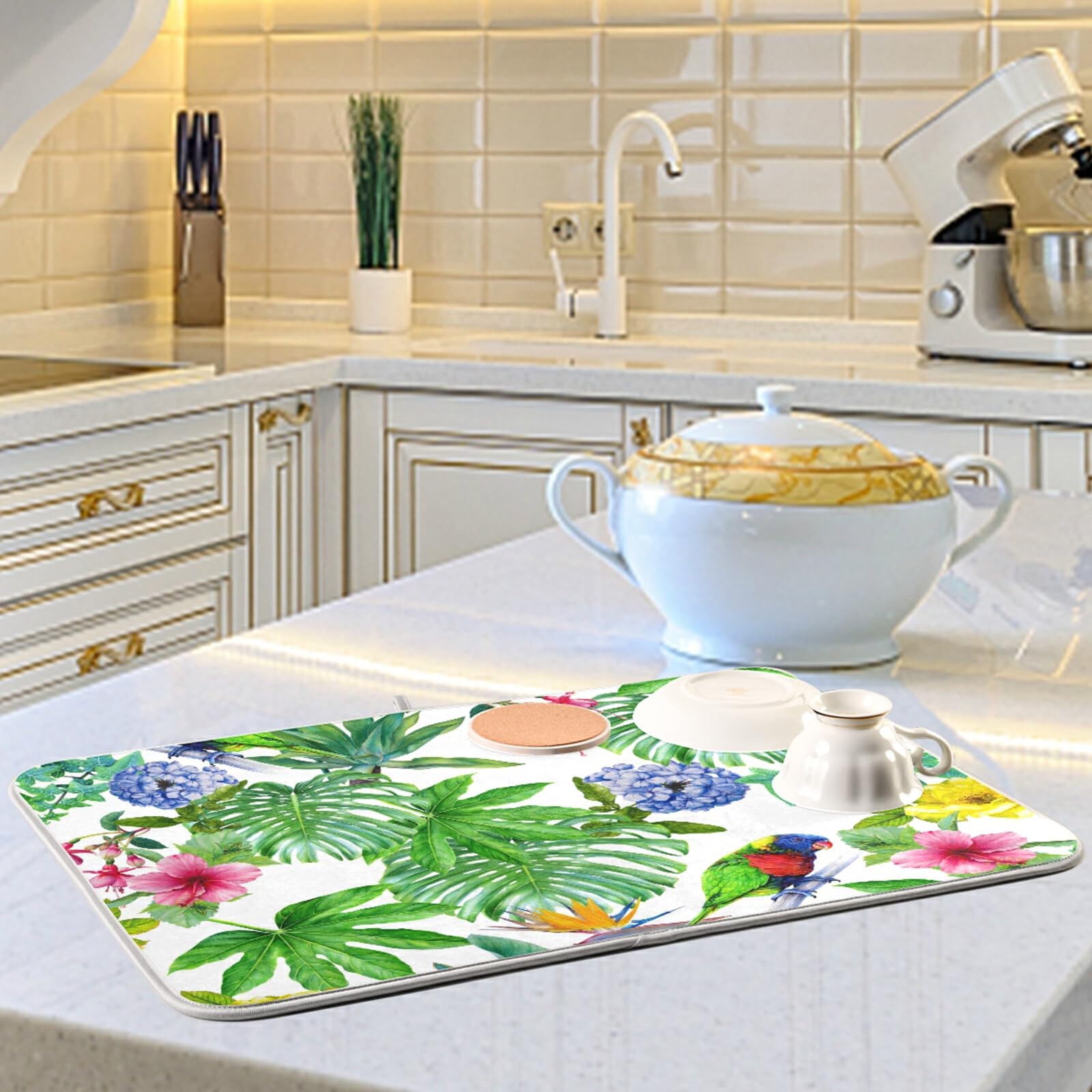 Floral Dish Drying Mat - Absorbent Microfiber Kitchen Counter Mat (18x24 Inches) - Washable & Quick-Drying Dish Rack Pad for Plates, Cups & Utensils - Perfect for Countertop, Sink Side & Dish Drainer Areas
