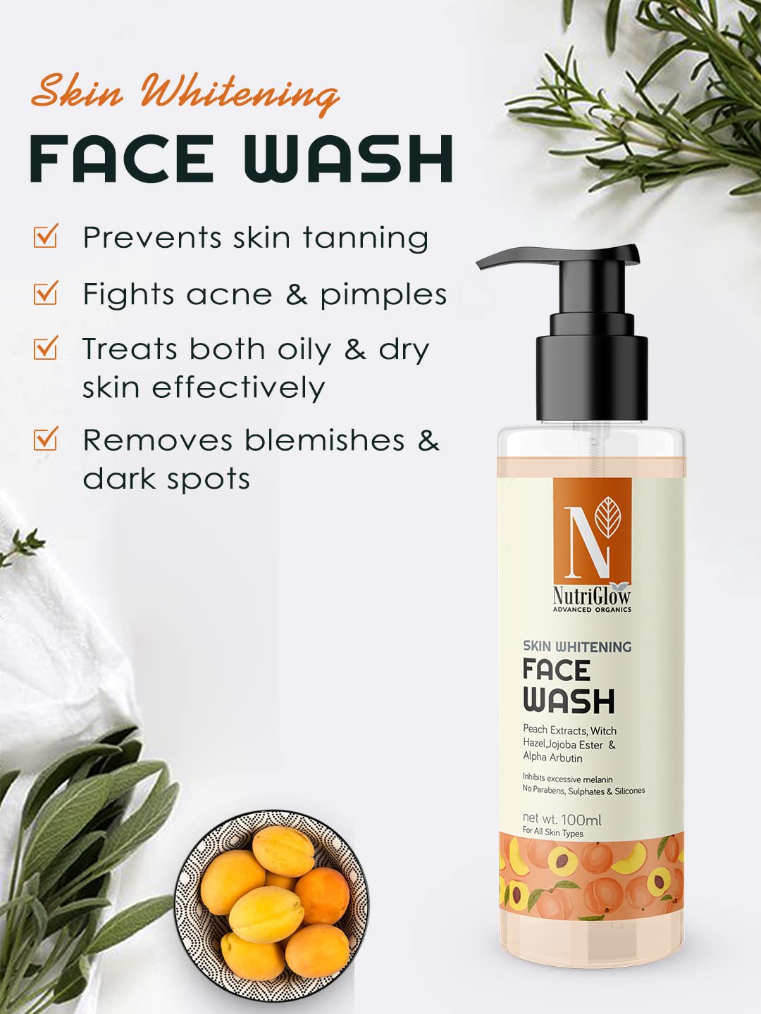 NutriGlow Advanced Organics Face Wash with Peach Extracts & Witch Hazel - 100ml (Pack of 2) | Gentle Cleansing for Acne-Prone & Sensitive Skin | Perfect for Morning & Night Skincare Routine