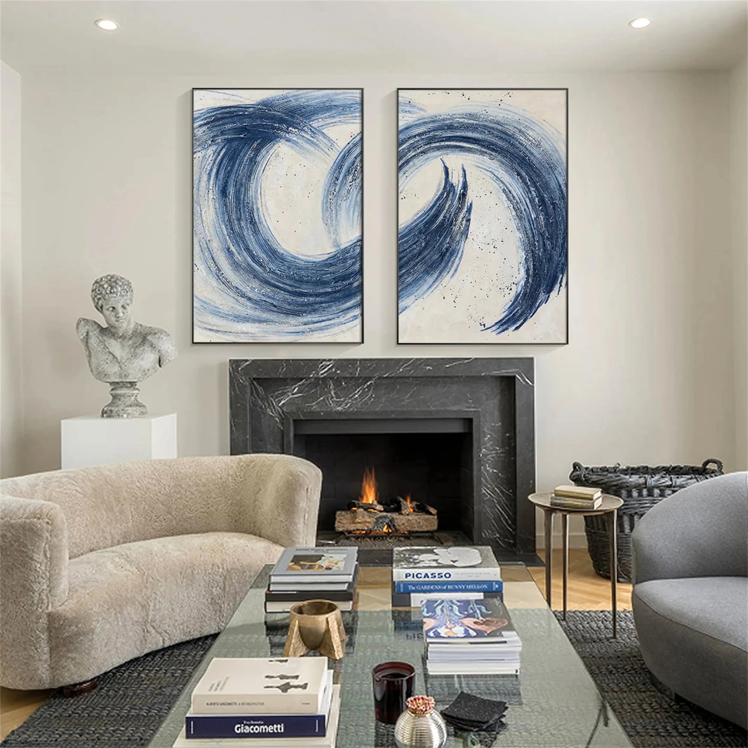 Blue & Green Abstract Wall Art Set of 2 Paintings - Modern Canvas Prints for Living Room, Bedroom & Office Decor | BG020