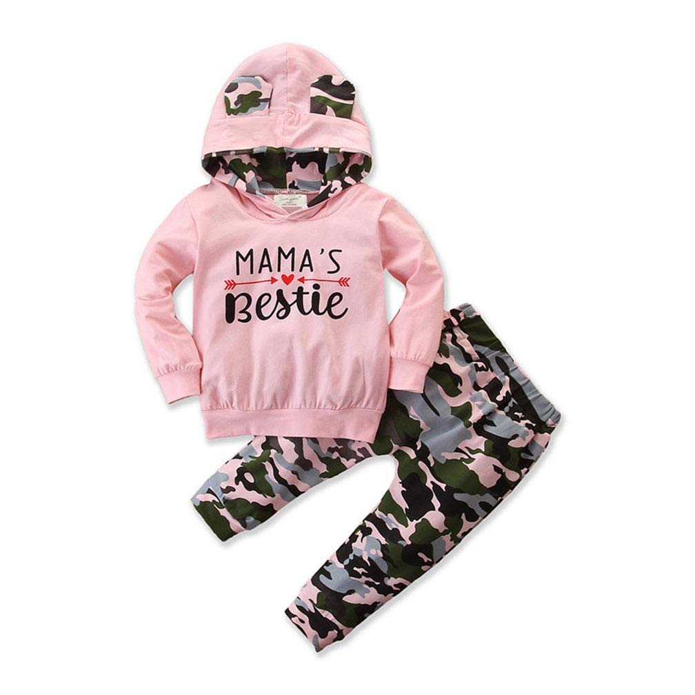 Camo Baby Girl Outfit Set - Funny 'Mama's Bestie' Hooded Sweatshirt & Camouflage Pants 2-Piece Set | Cute Toddler Clothes for Playdates & Outdoor Adventures