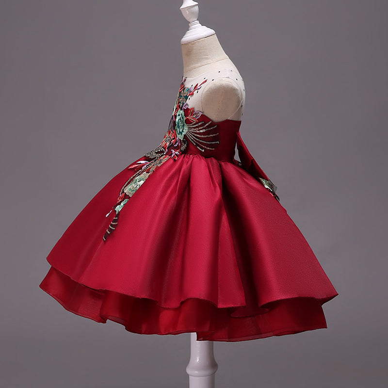 Elegant Burgundy A-Line Satin Flower Girl Dress with Embroidered Ruffles - Perfect for Weddings, Pageants & Special Occasions